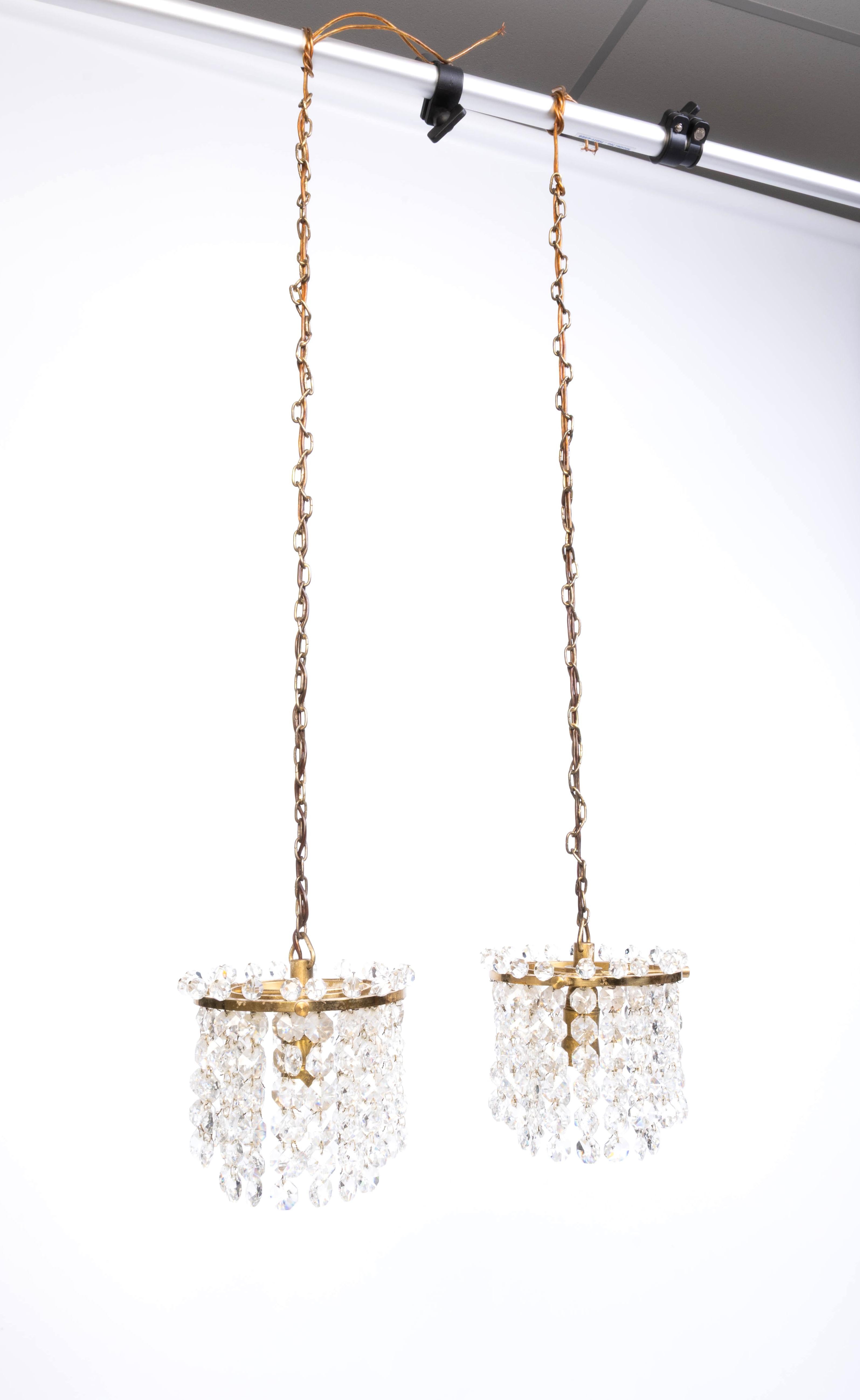 Pair Diminutive Swedish Crystal And Brass Pendant Lights C.1920 For Sale 3