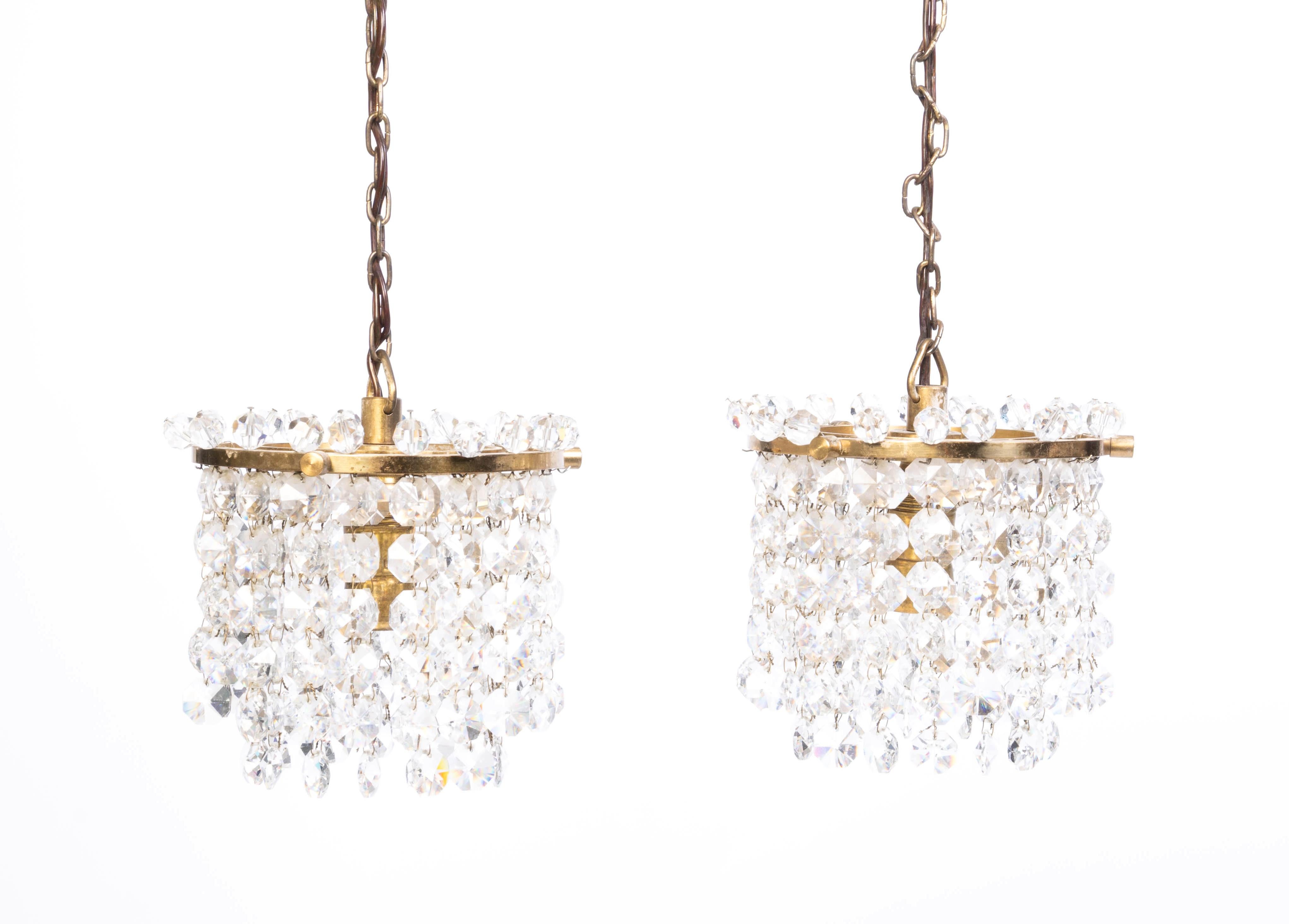 Pair Diminutive Swedish Crystal And Brass Pendant Lights C.1920 For Sale 4