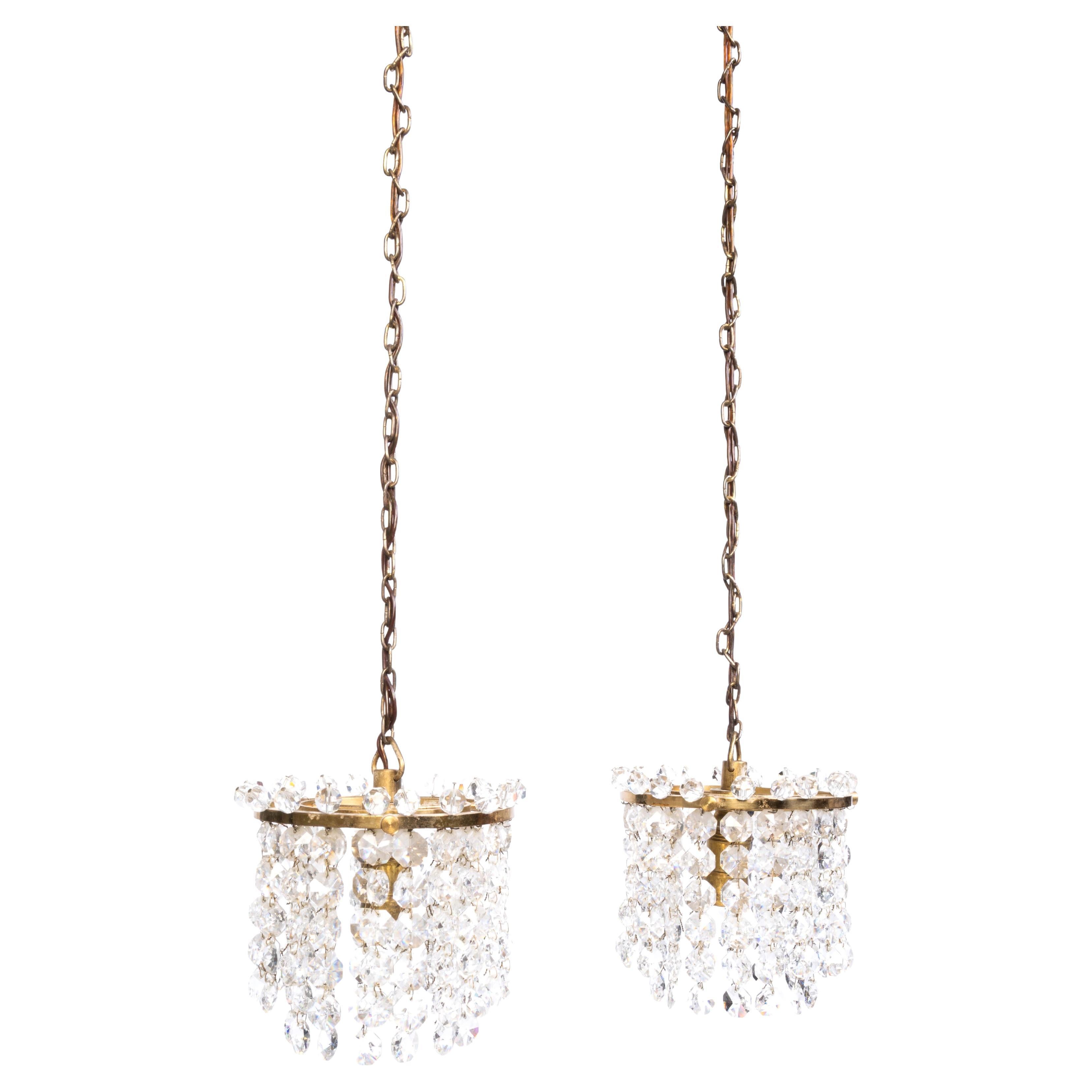 Pair Diminutive Swedish Crystal And Brass Pendant Lights C.1920 For Sale