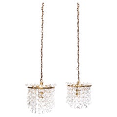 Pair Diminutive Swedish Crystal And Brass Pendant Lights C.1920