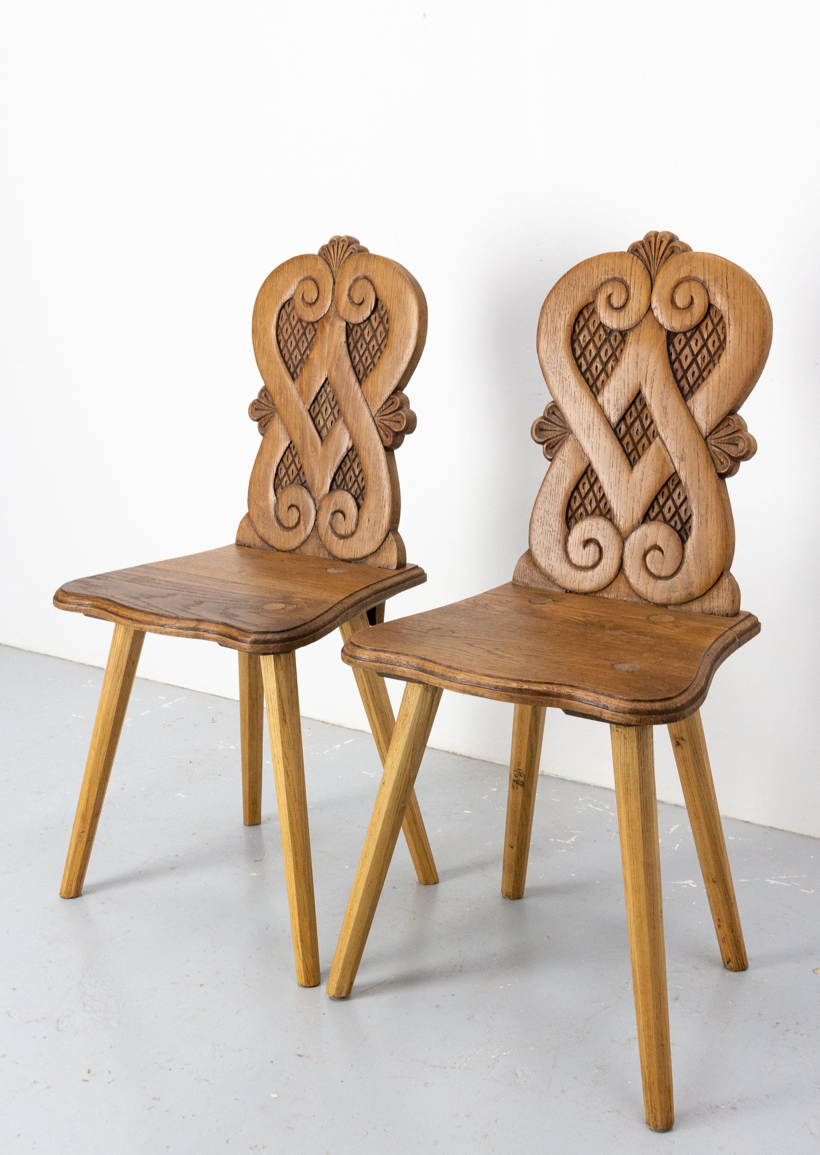 French Provincial Pair Dining Chairs Swiss Alp Escabelles Oak Brutalist Style, French, Late 19th C For Sale