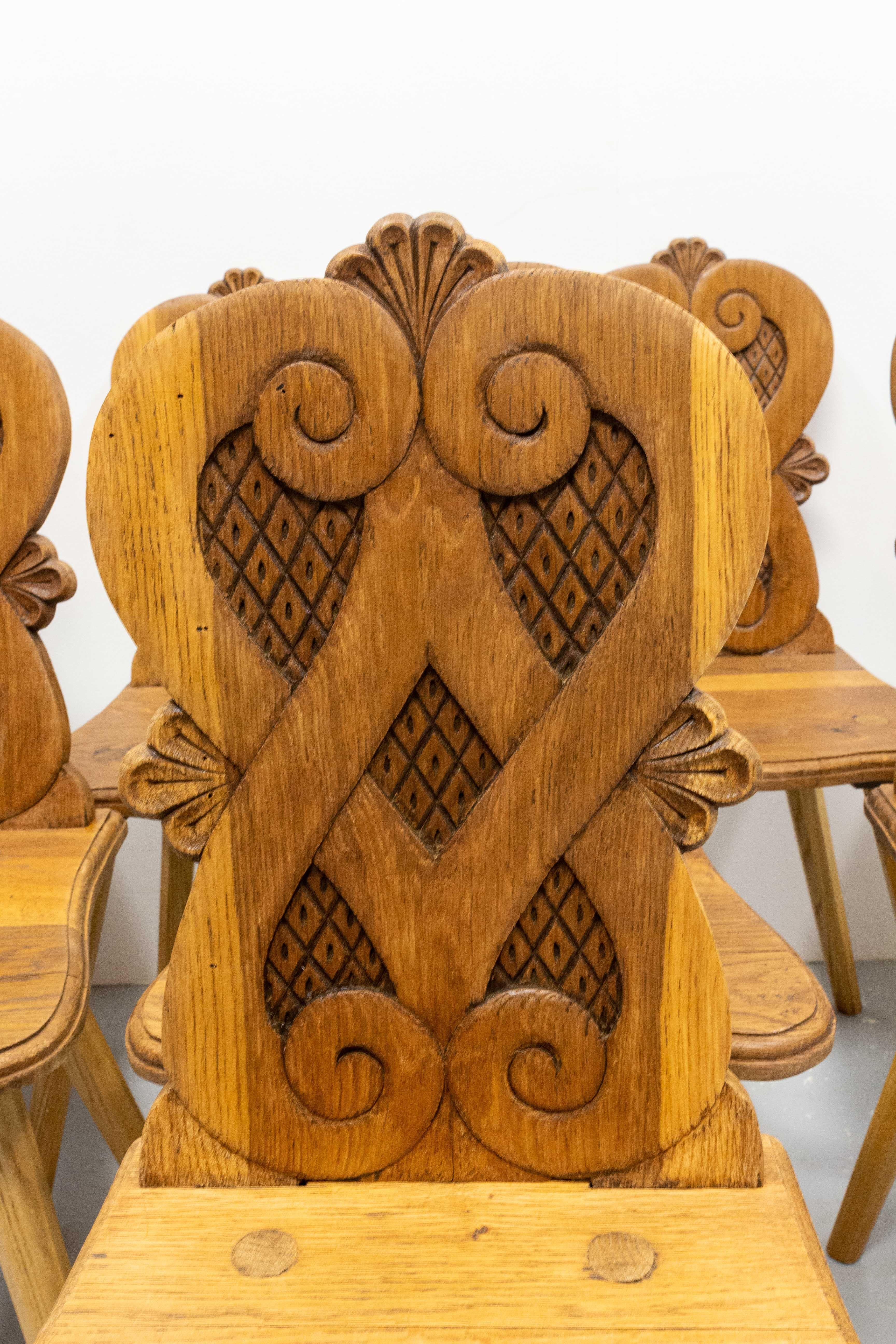 Pair Dining Chairs Swiss Alp Escabelles Oak Brutalist Style, French, Late 19th C For Sale 3