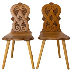 Antique Pair Dining Chairs Swiss Alp Escabelles Oak Brutalist Style, French, Late 19th C