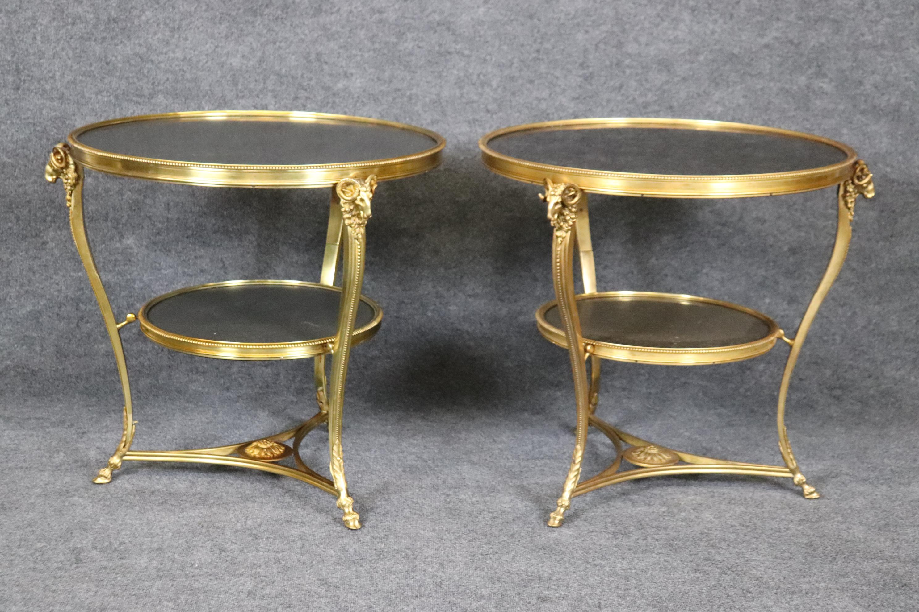 Late 20th Century Pair Directoire Highly Naturalistic Rams Head Dore' Bronze Marble Top Gueridons  For Sale