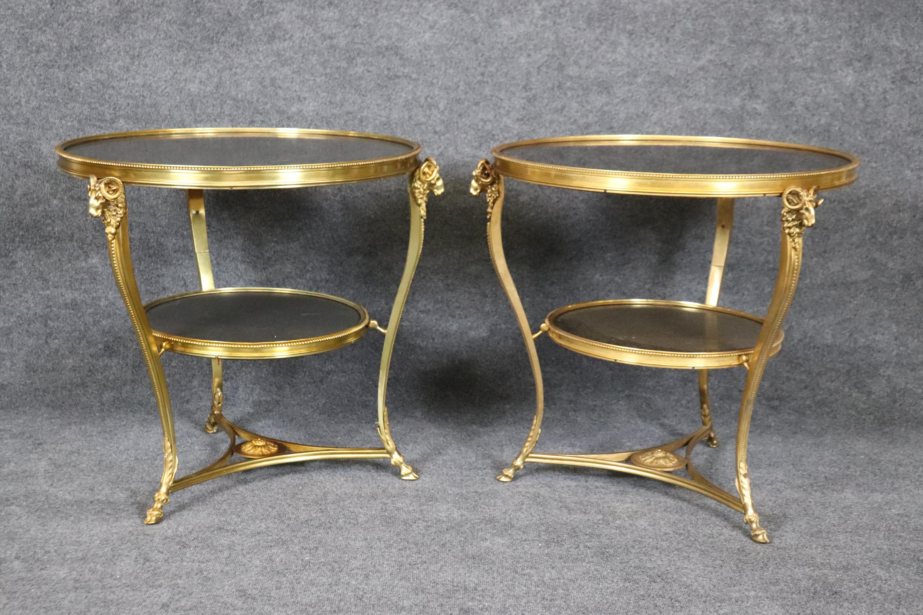 Pair Directoire Highly Naturalistic Rams Head Dore' Bronze Marble Top Gueridons  2
