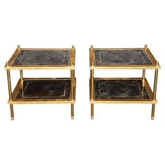 Pair Directoire Style Brass and Giltwood Eglomise Top End Tables