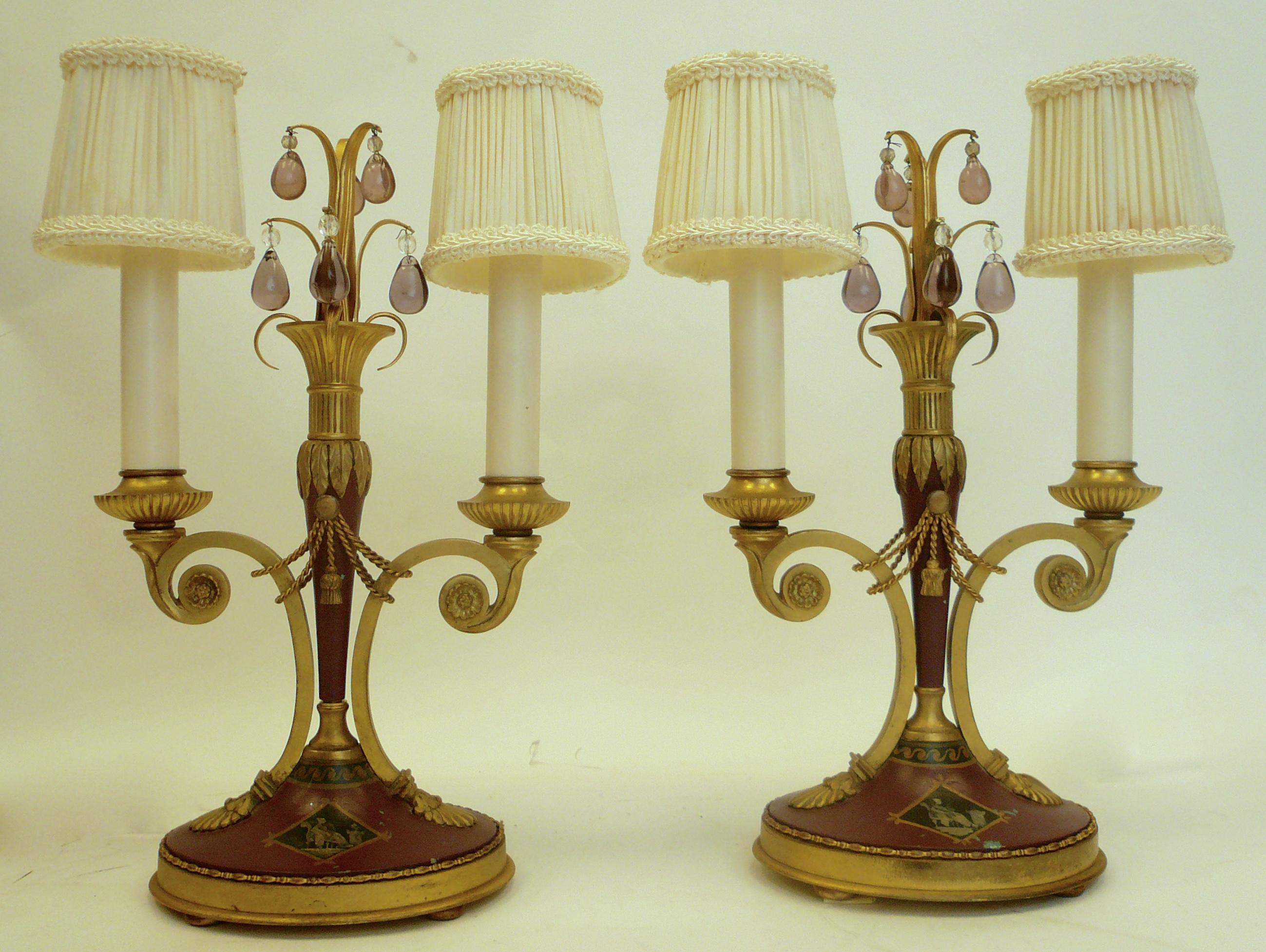 French Pair of Directoire Style Gilt Bronze and Tole Painted Candelabra Lamps