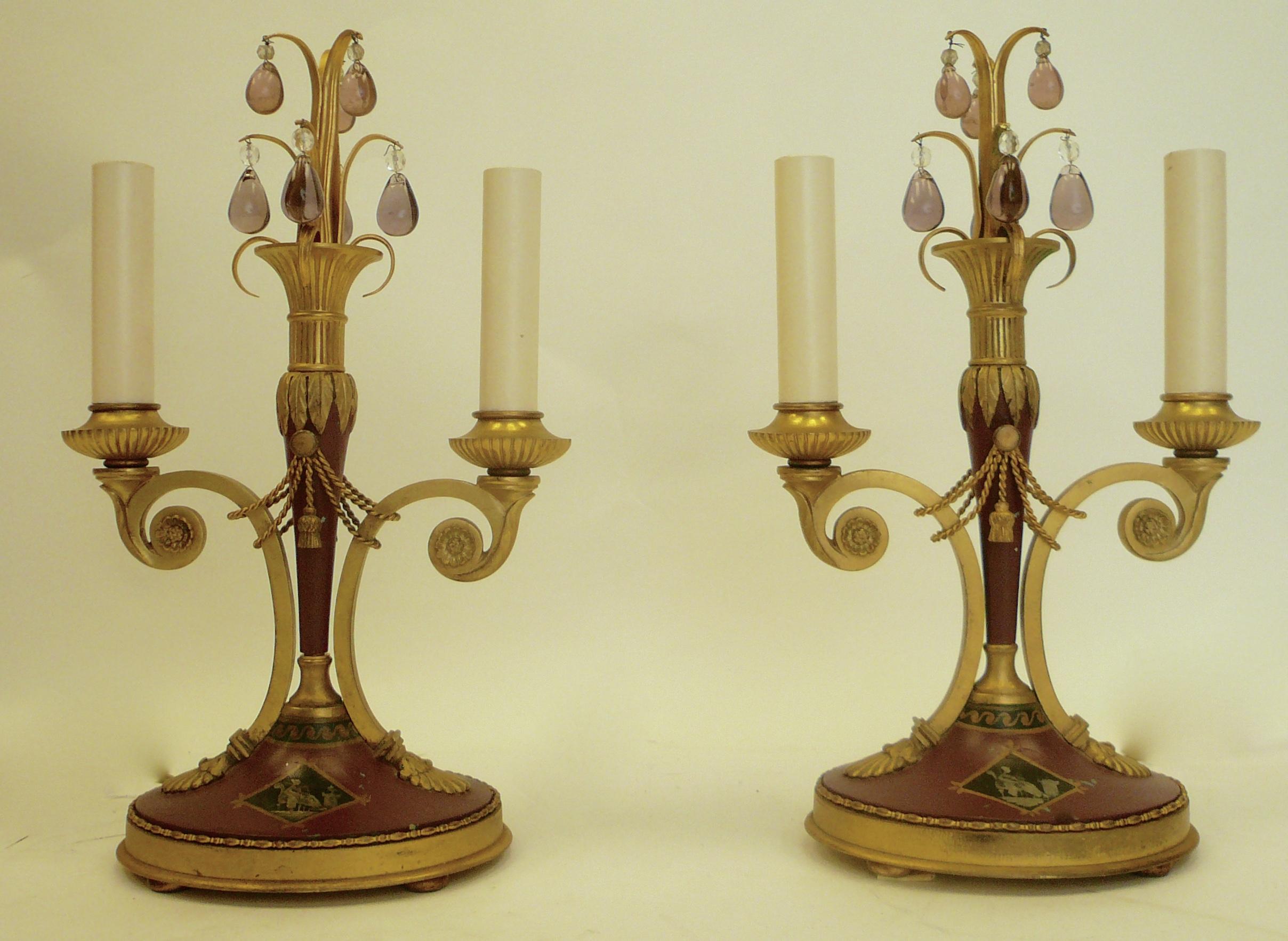 Pair of Directoire Style Gilt Bronze and Tole Painted Candelabra Lamps In Good Condition In Pittsburgh, PA