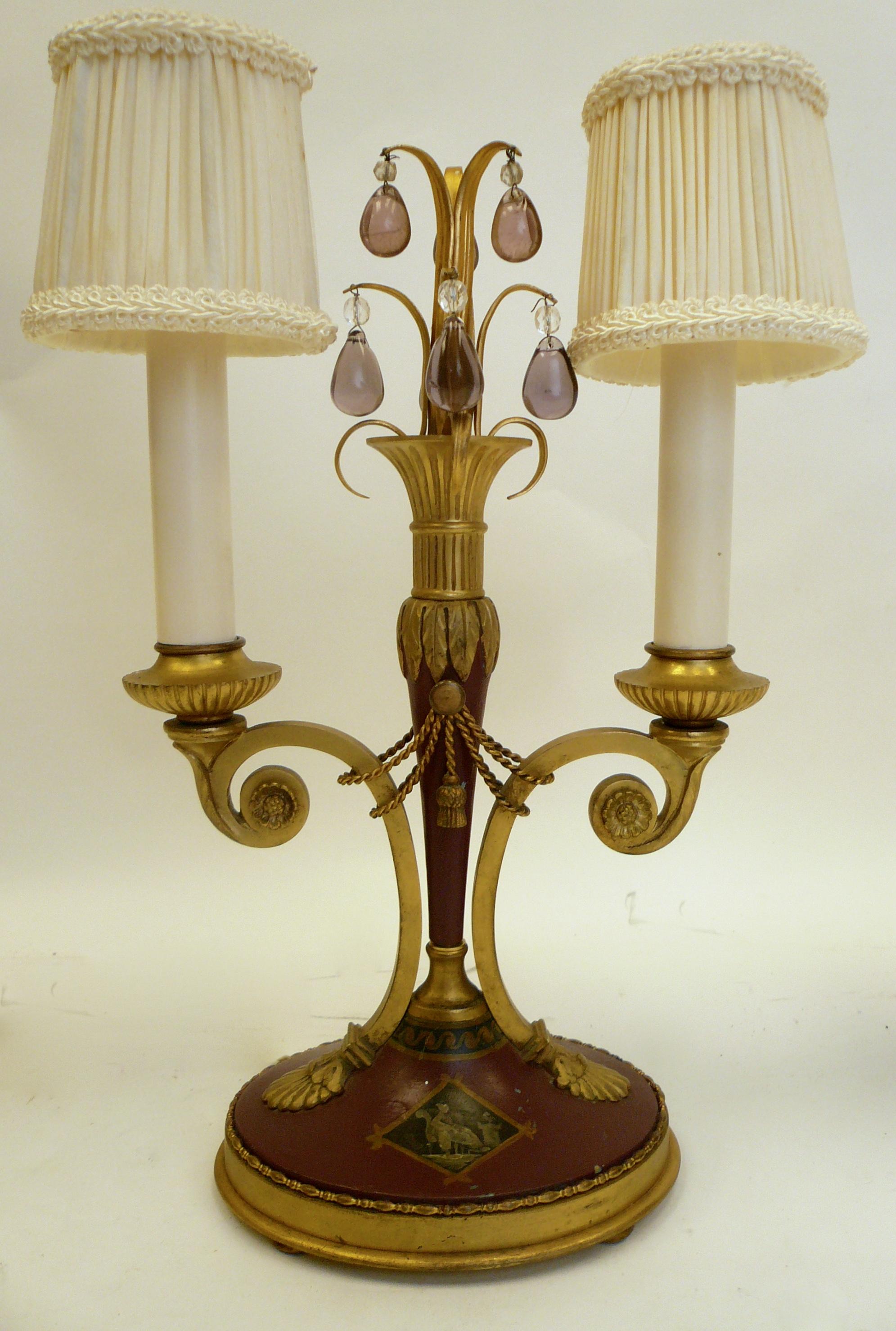 19th Century Pair of Directoire Style Gilt Bronze and Tole Painted Candelabra Lamps