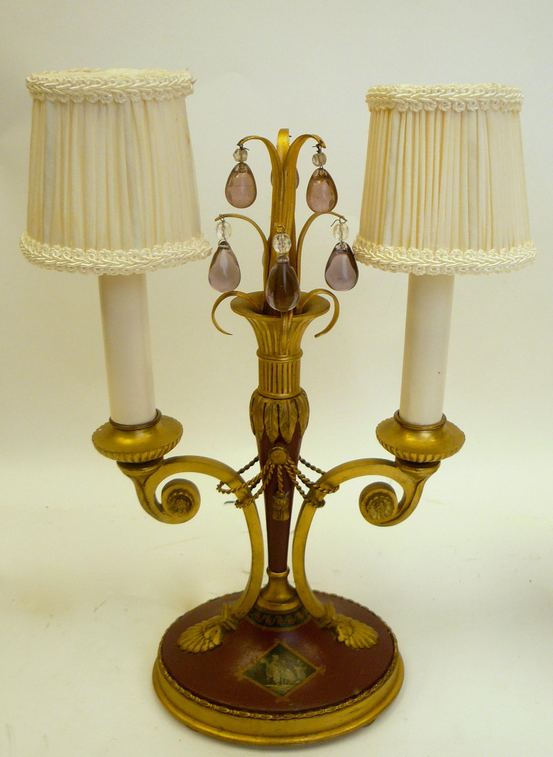 Pair of Directoire Style Gilt Bronze and Tole Painted Candelabra Lamps 1