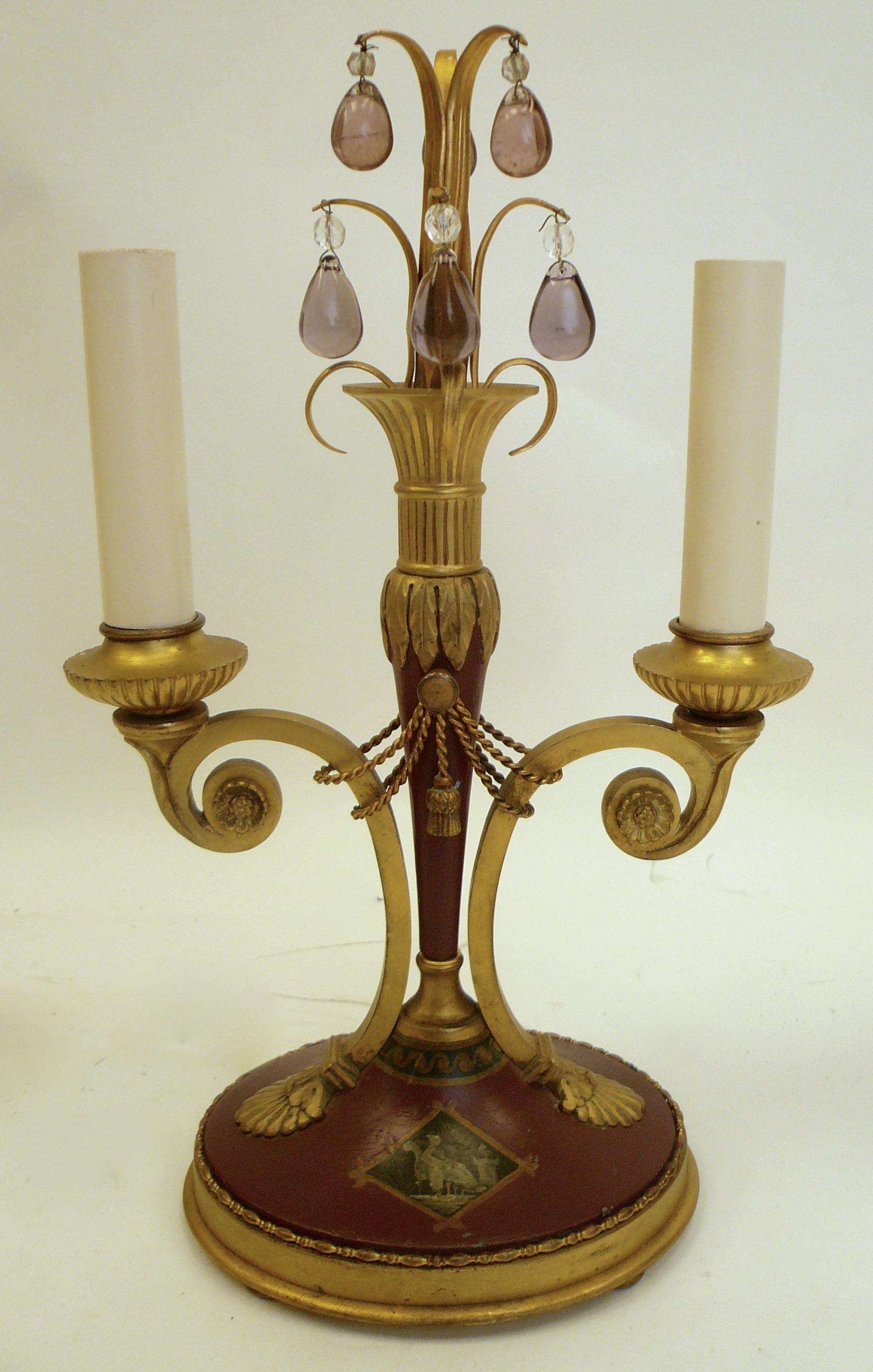 Pair of Directoire Style Gilt Bronze and Tole Painted Candelabra Lamps 2