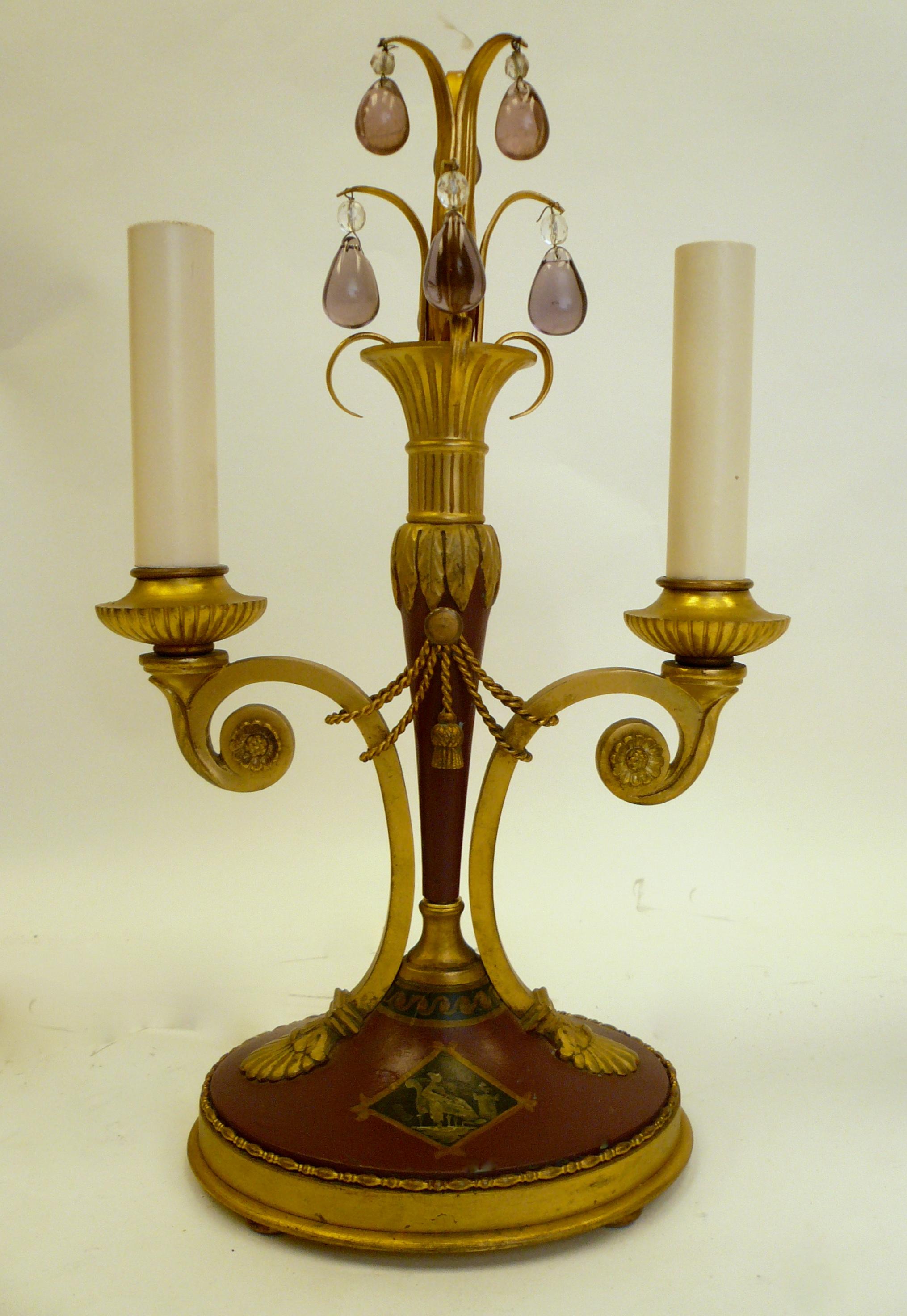 Pair of Directoire Style Gilt Bronze and Tole Painted Candelabra Lamps 3
