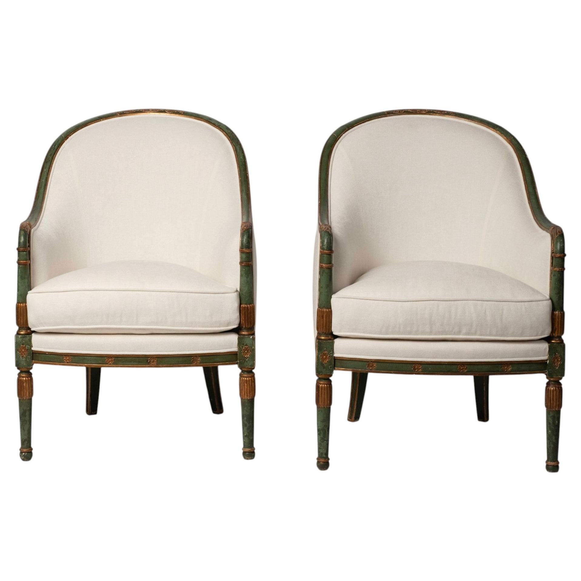 Pair Directoire Style Painted Parcel Bergère Chairs For Sale