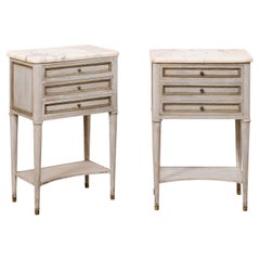 Pair Directoire-Style Side Chests w/Marble Tops, Brass Trim & Lower Shelf