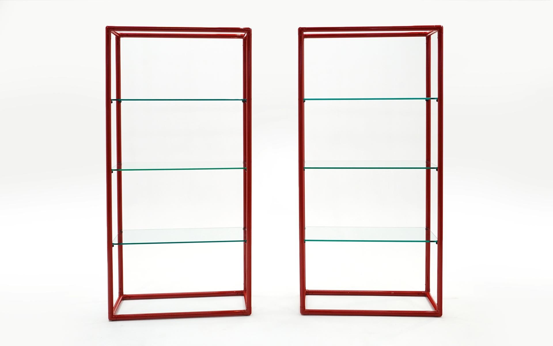 Pair Display Shelves in Red Tubular Enameled Steel Frames with 3/8 Inch Glass For Sale 1