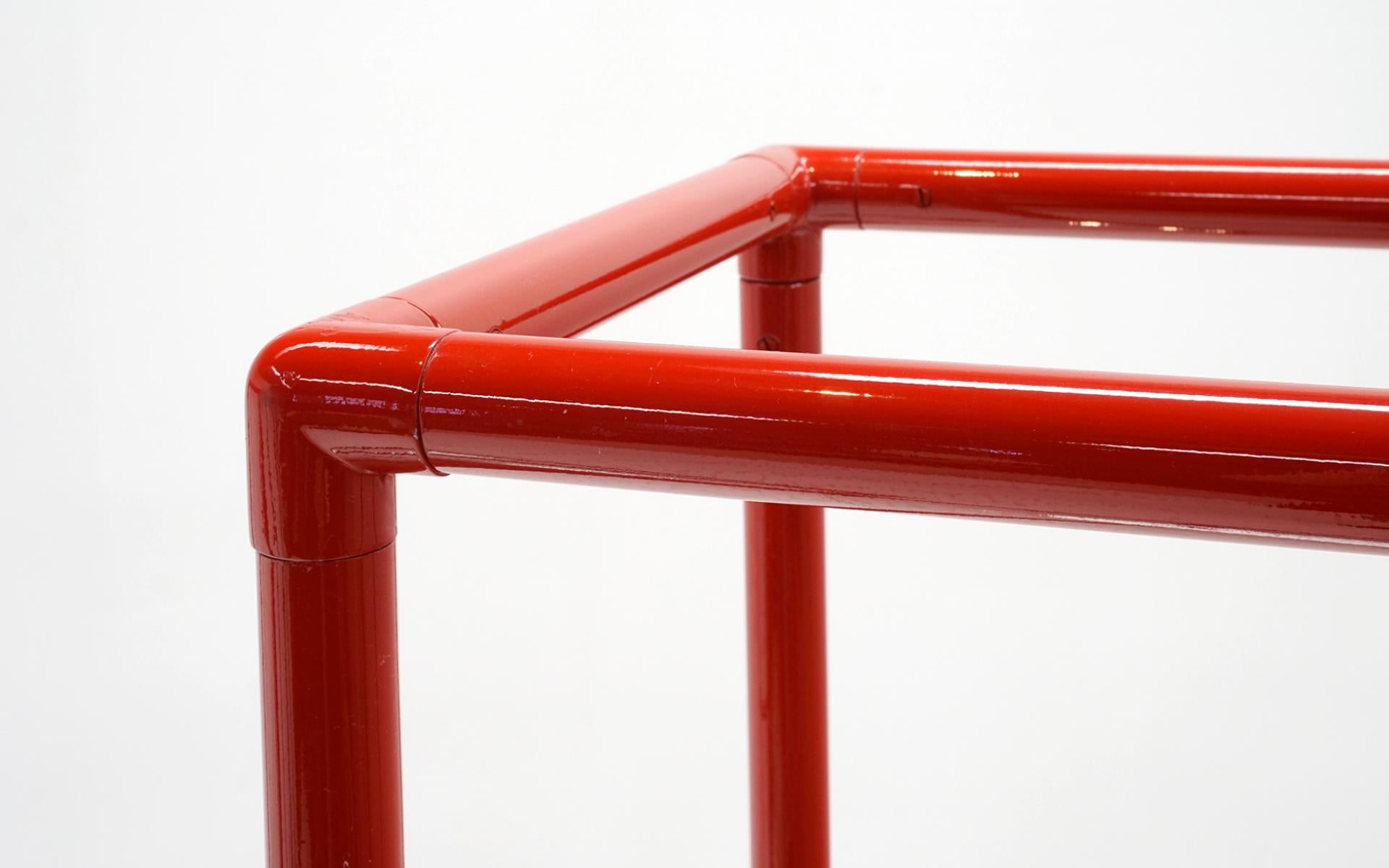 Mid-Century Modern Pair Display Shelves in Red Tubular Enameled Steel Frames with 3/8 Inch Glass For Sale