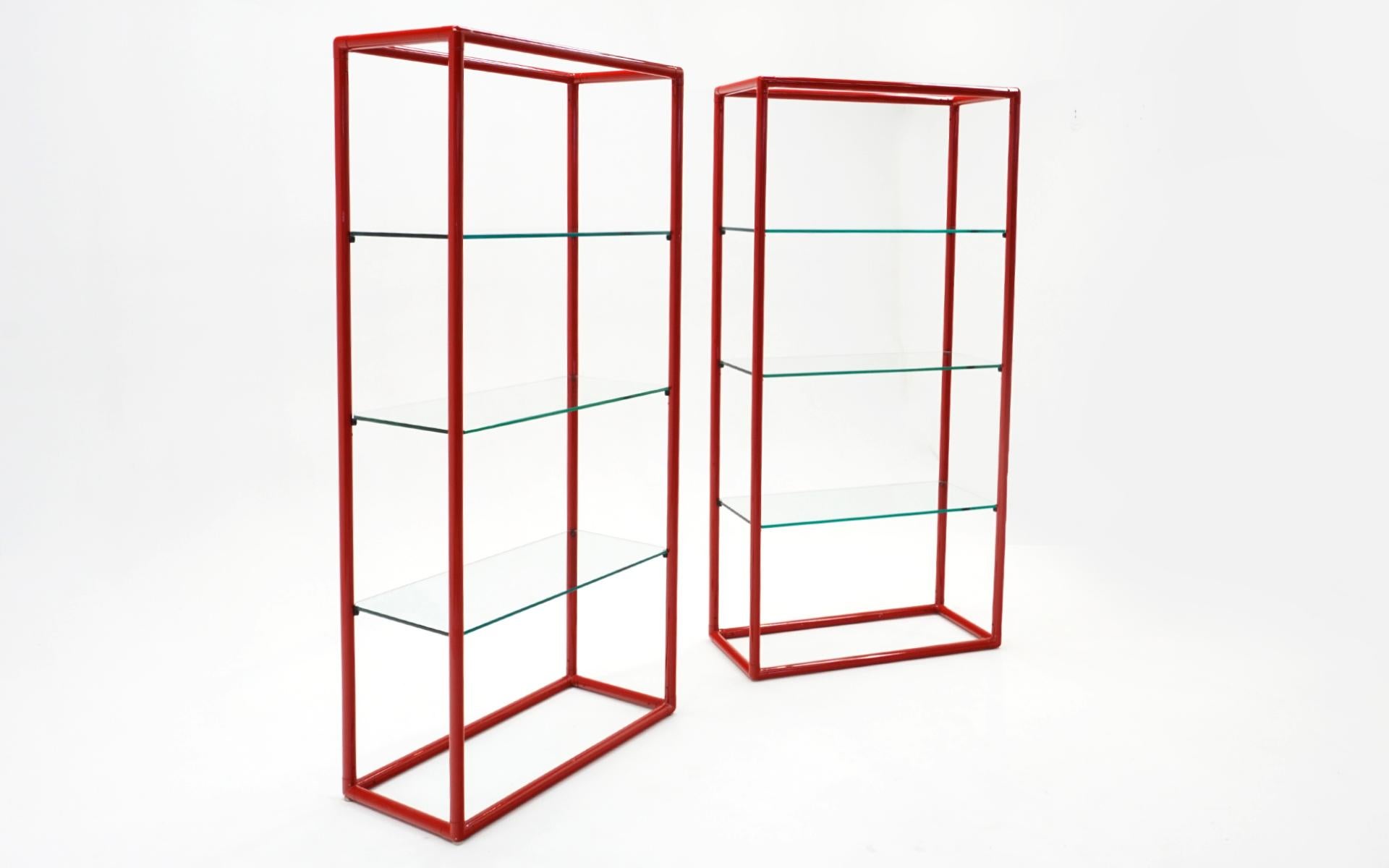 Pair Display Shelves in Red Tubular Enameled Steel Frames with 3/8 Inch Glass In Good Condition For Sale In Kansas City, MO