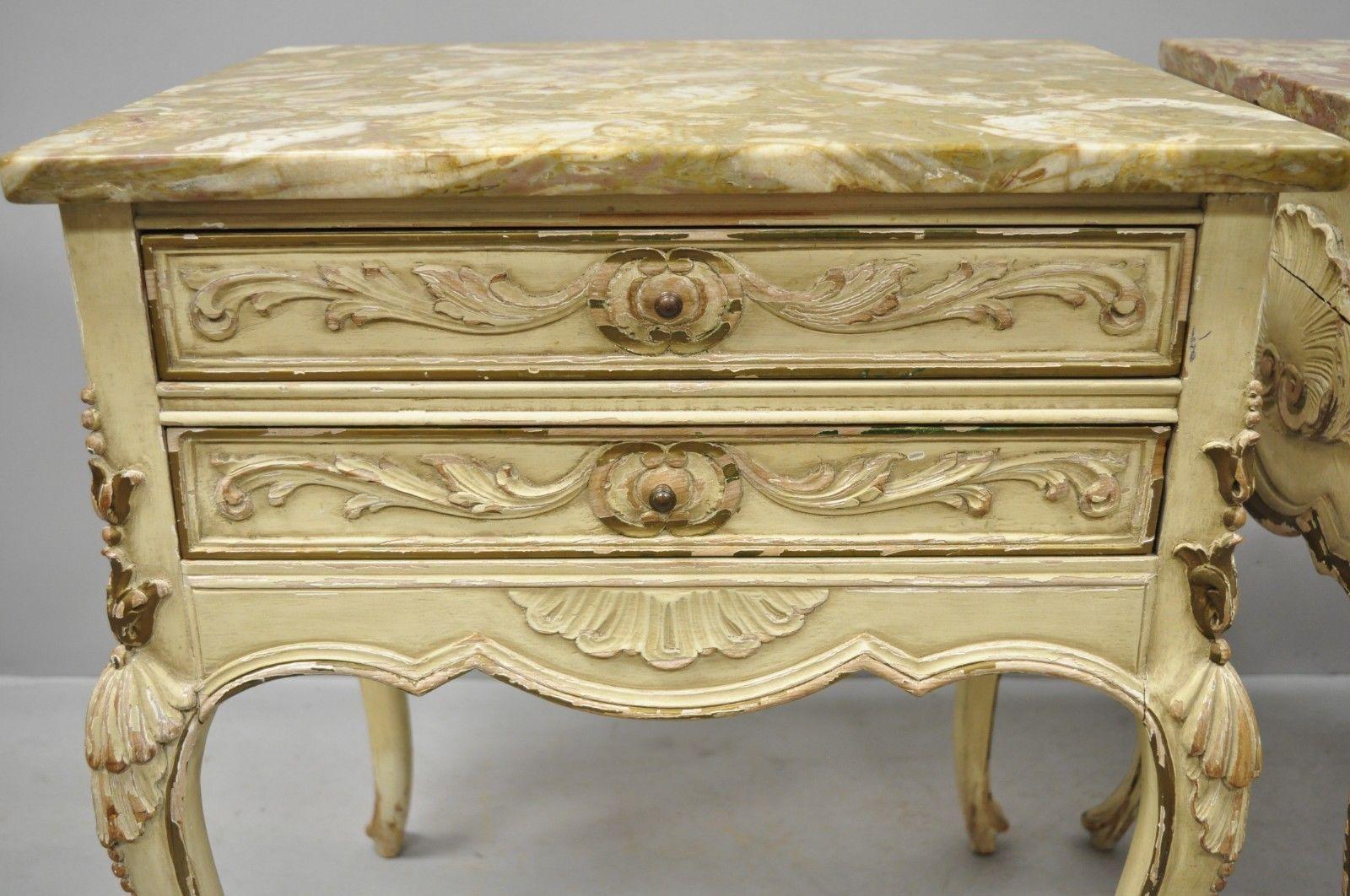 American Pair of Distress Painted Louis XV Marble-Top Nightstands or End Tables by Danby