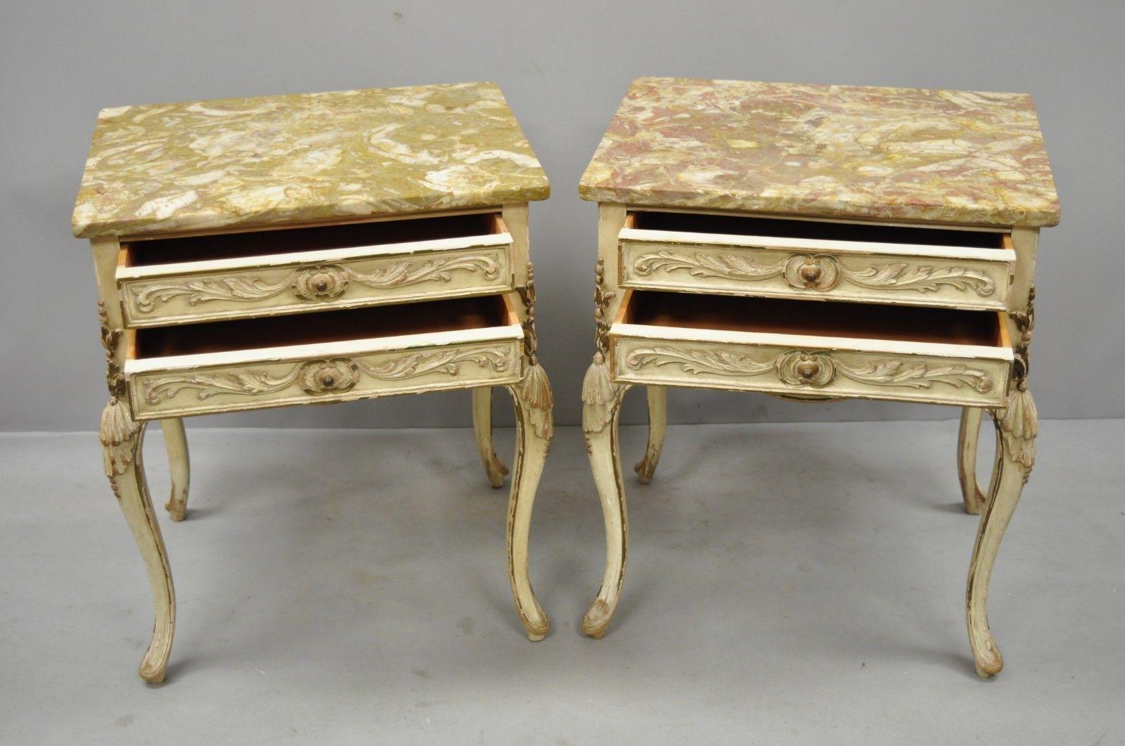 Pair of Distress Painted Louis XV Marble-Top Nightstands or End Tables by Danby In Good Condition In Philadelphia, PA