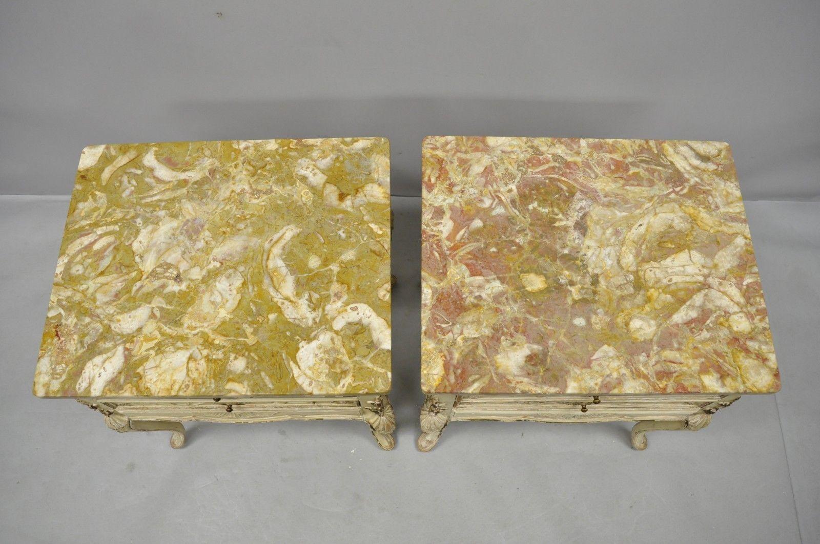 Pair of Distress Painted Louis XV Marble-Top Nightstands or End Tables by Danby 1