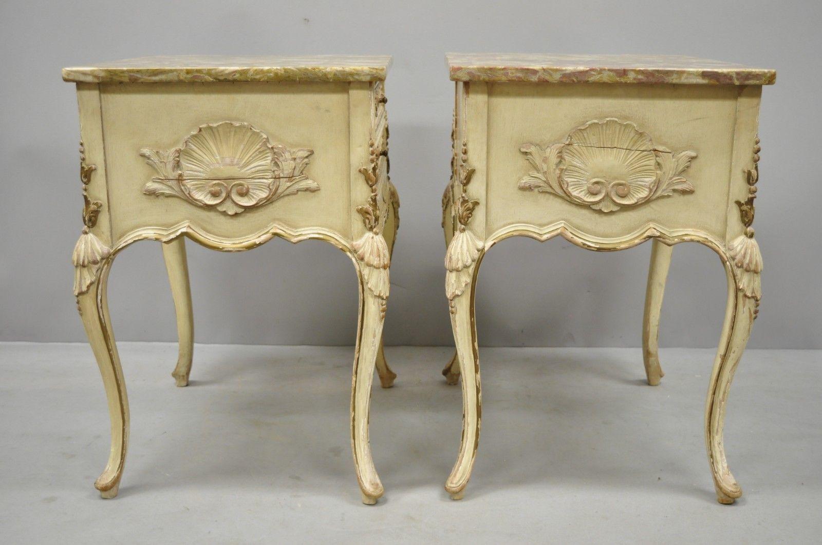 Pair of Distress Painted Louis XV Marble-Top Nightstands or End Tables by Danby 2