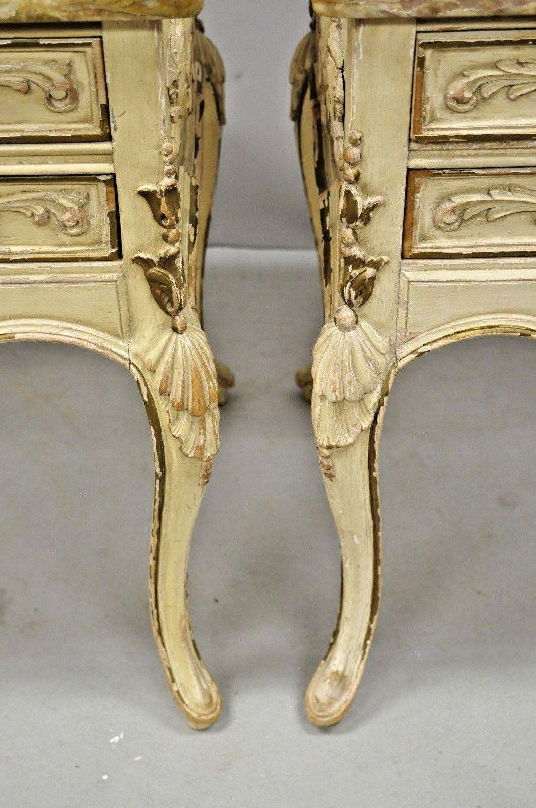 Pair of Distress Painted Louis XV Marble-Top Nightstands or End Tables by Danby 3