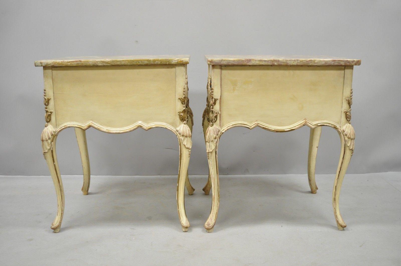 Pair of Distress Painted Louis XV Marble-Top Nightstands or End Tables by Danby 4