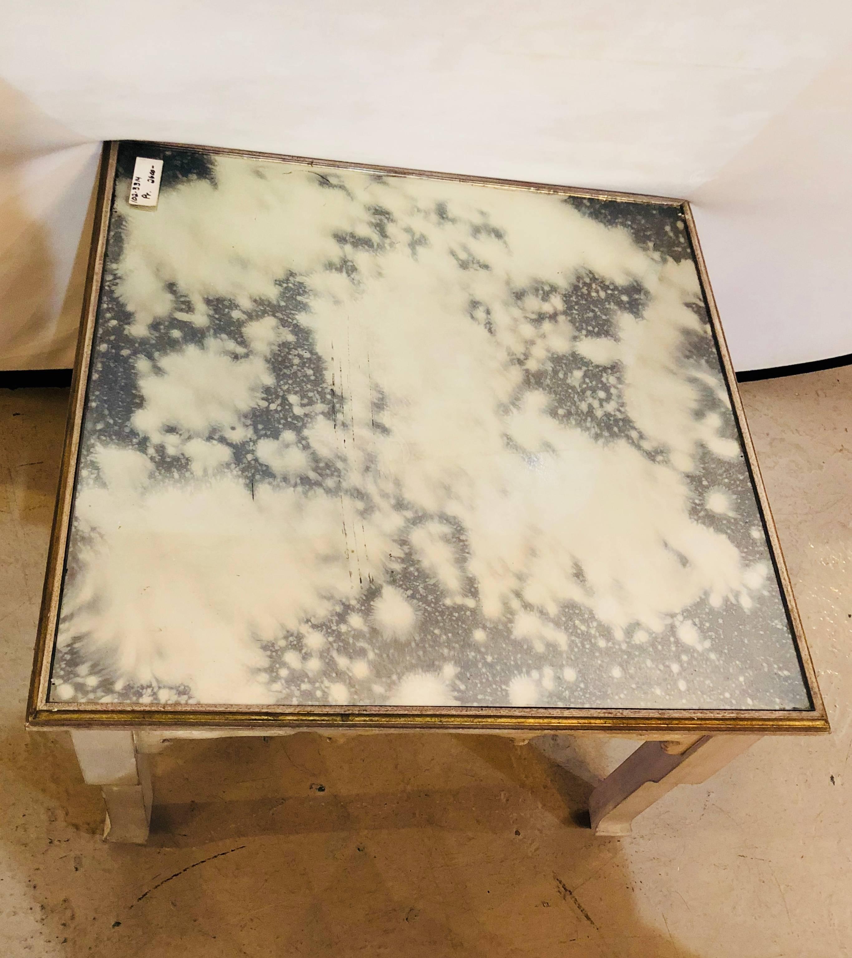 Hollywood Regency Distressed Mirror Glass Top Squared Asian Style End Tables Stamped Jansen, Pair