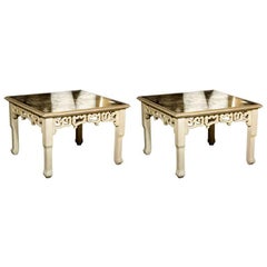 Distressed Mirror Glass Top Squared Asian Style End Tables Stamped Jansen, Pair
