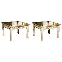 Distressed Mirror Glass Top Squared Asian Style End Tables Stamped Jansen, Pair