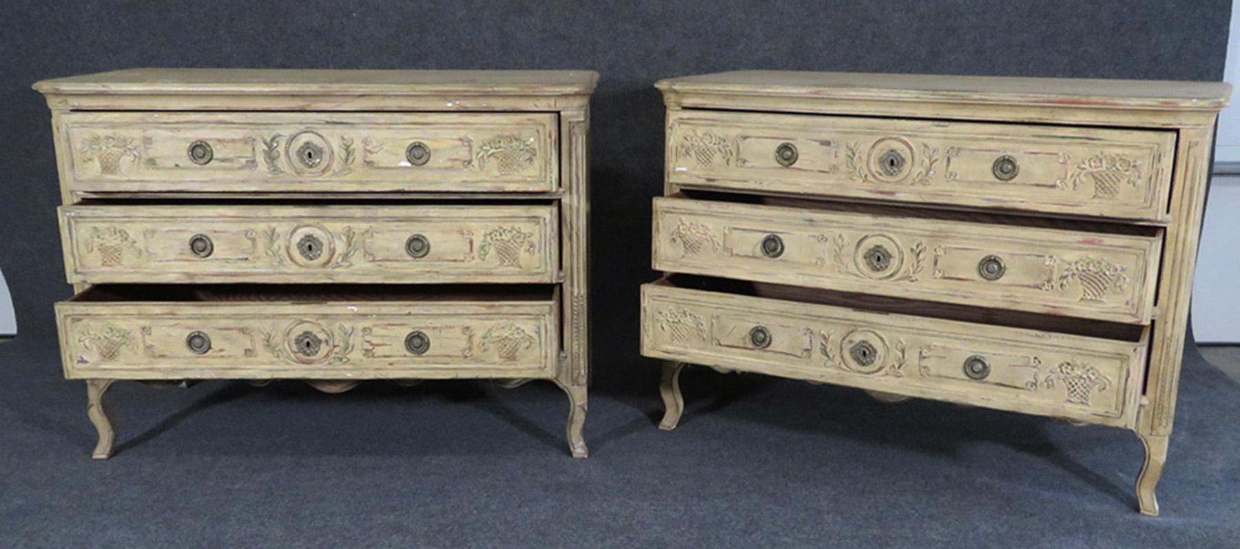 This is a fine pair of antique white painted John Widdicomb Dressers or commodes. They have distressed painted cases and are in ready to paint condition with signs of wear and use as the photos clearly show.

Measures: 47.5 wide x 23.5 deep x 34