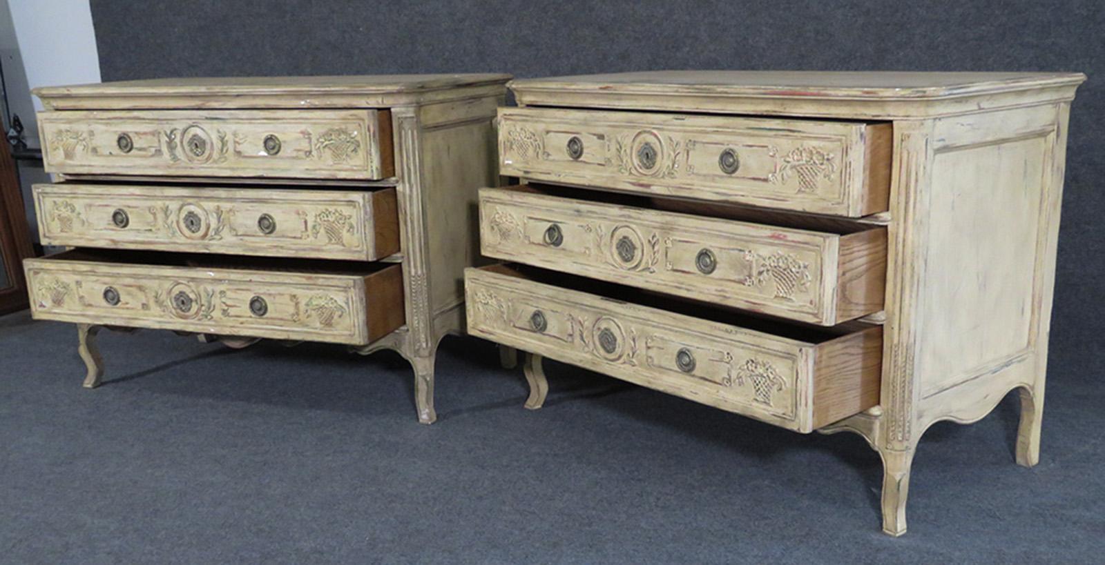 American Pair Distressed Paint Decorated John Widdicomb Louis XV Carved Commodes Dressers