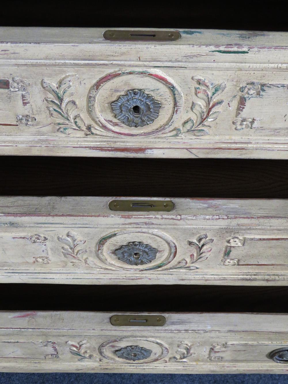 Late 20th Century Pair Distressed Paint Decorated John Widdicomb Louis XV Carved Commodes Dressers