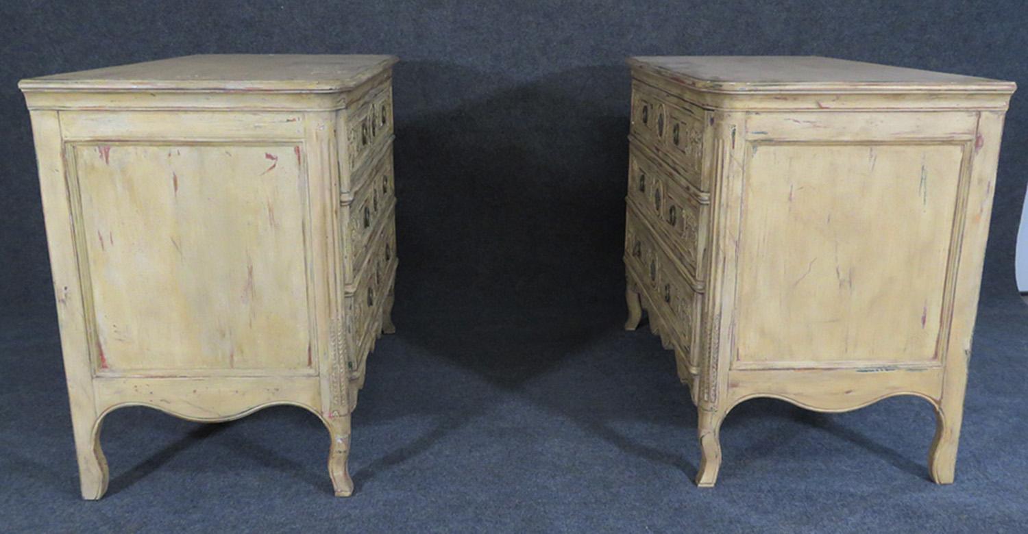 Walnut Pair Distressed Paint Decorated John Widdicomb Louis XV Carved Commodes Dressers