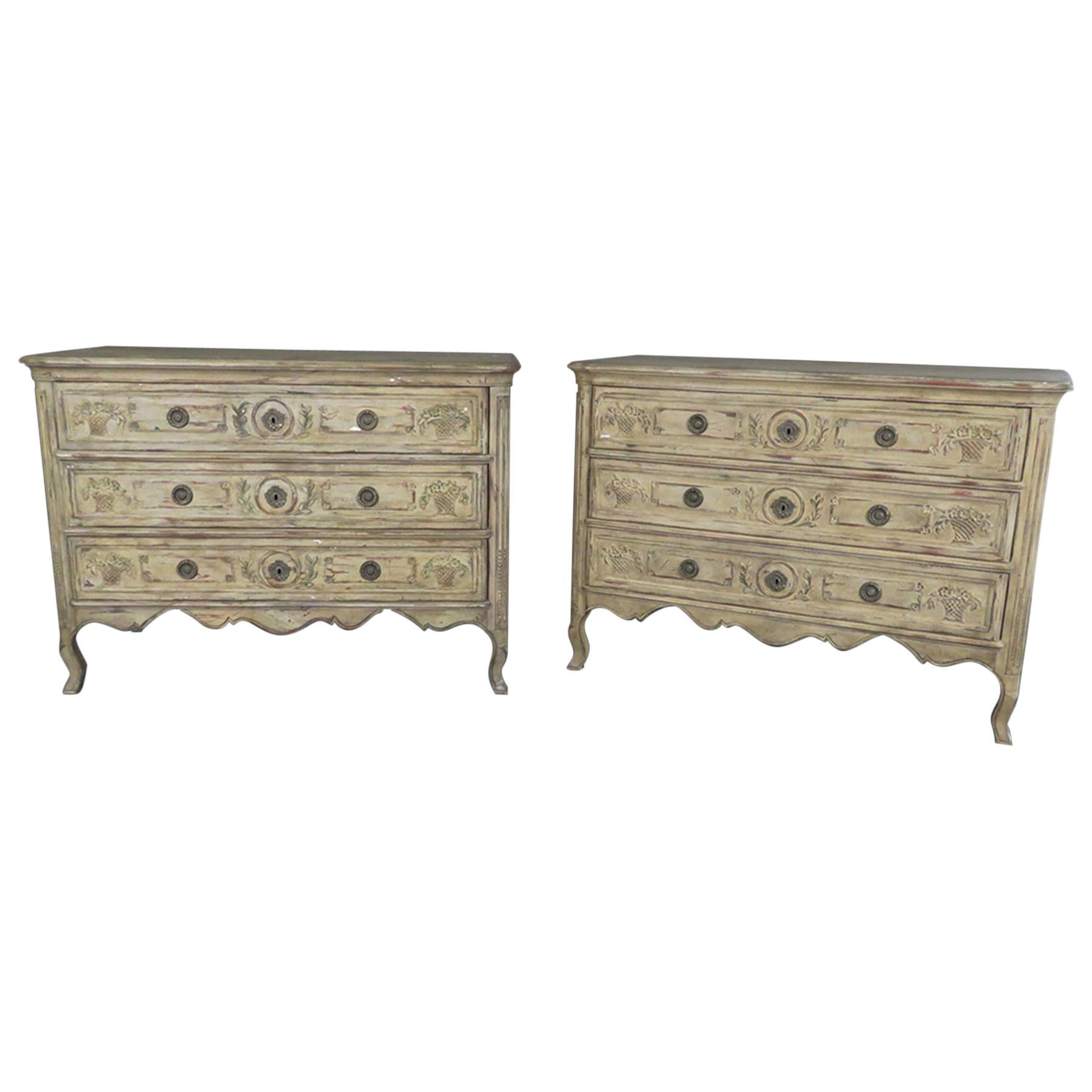 Pair Distressed Paint Decorated John Widdicomb Louis XV Carved Commodes Dressers