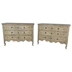 Pair Distressed Paint Decorated John Widdicomb Louis XV Carved Commodes Dressers
