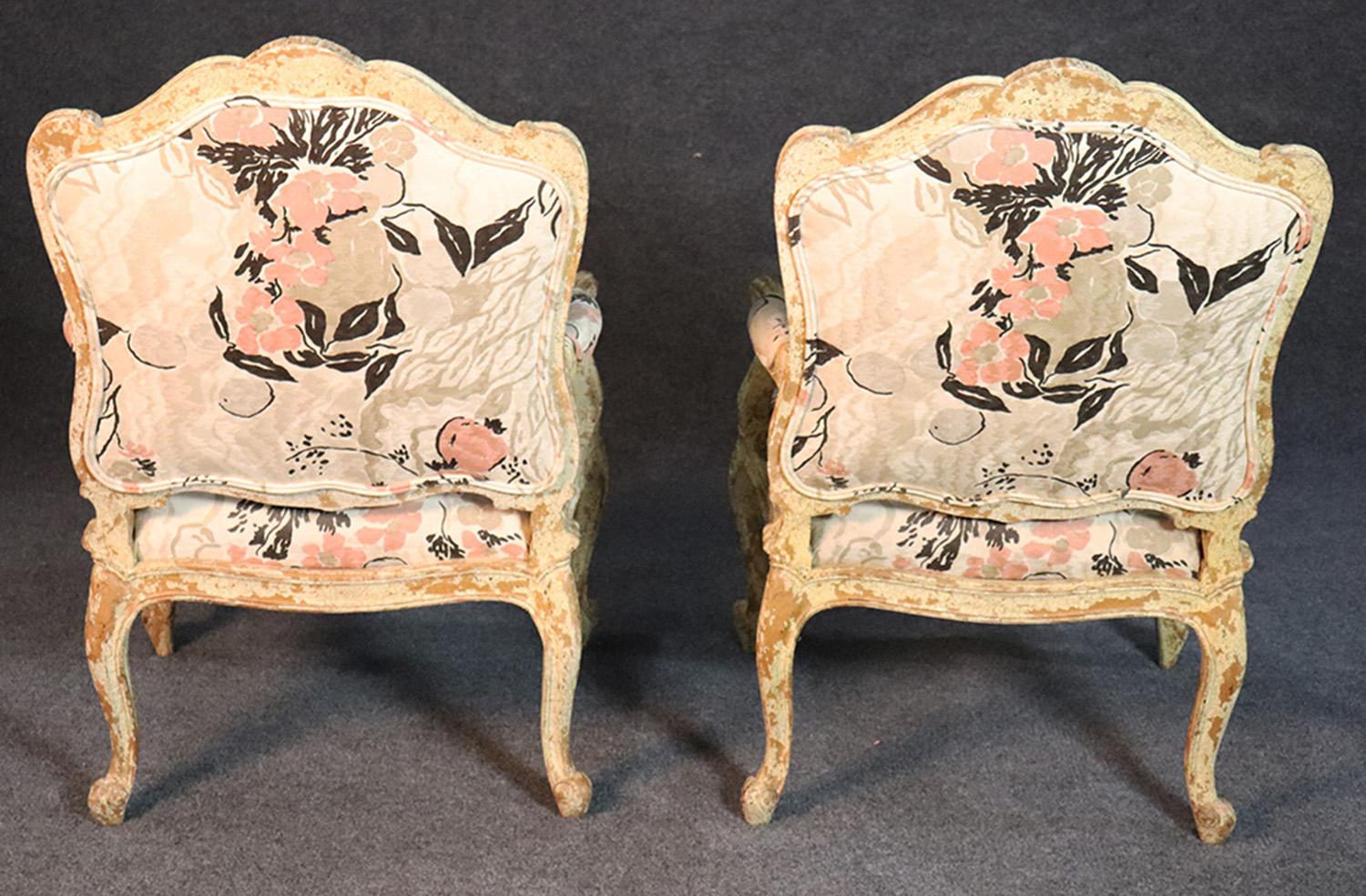 American Pair of Distressed Painted French Louis XV Open Arm Bergère Fauteuil Chairs For Sale