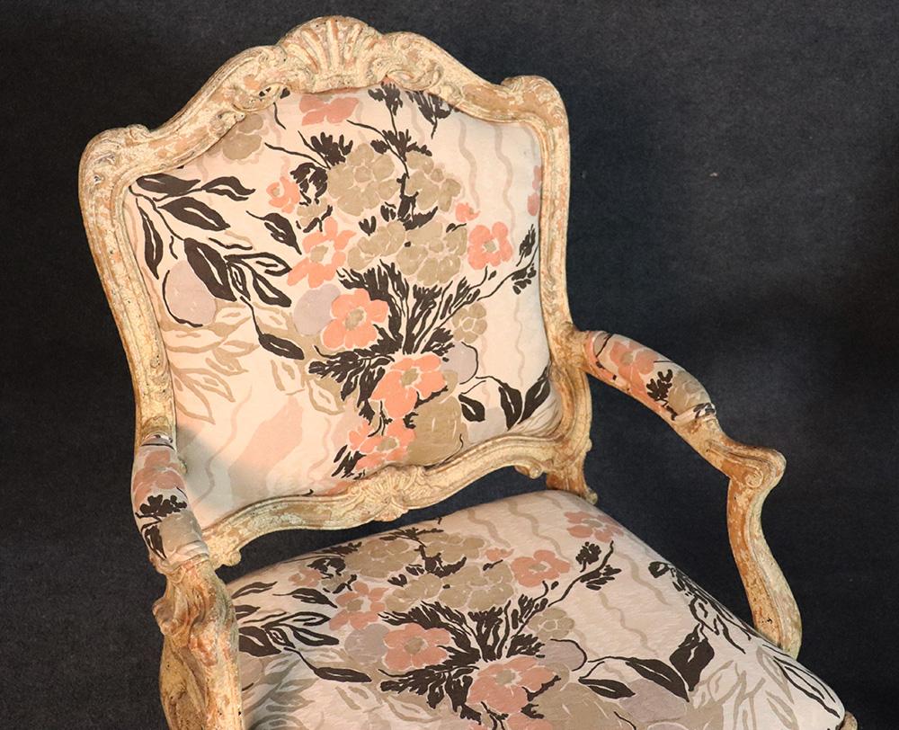 Beech Pair of Distressed Painted French Louis XV Open Arm Bergère Fauteuil Chairs For Sale