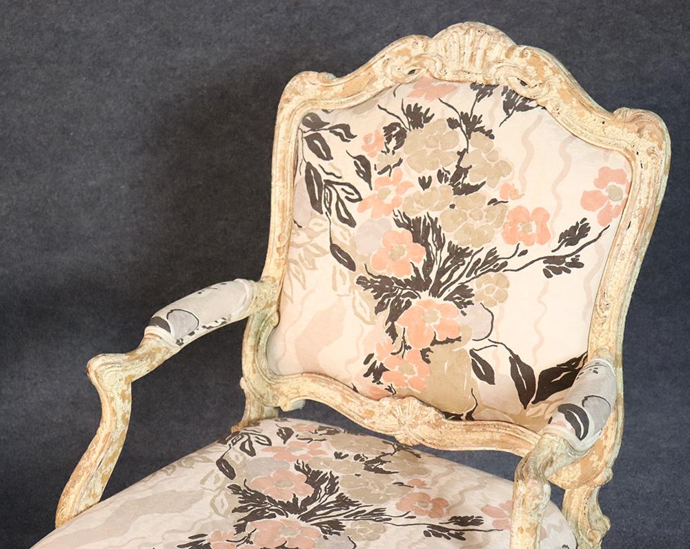 Pair of Distressed Painted French Louis XV Open Arm Bergère Fauteuil Chairs For Sale 1