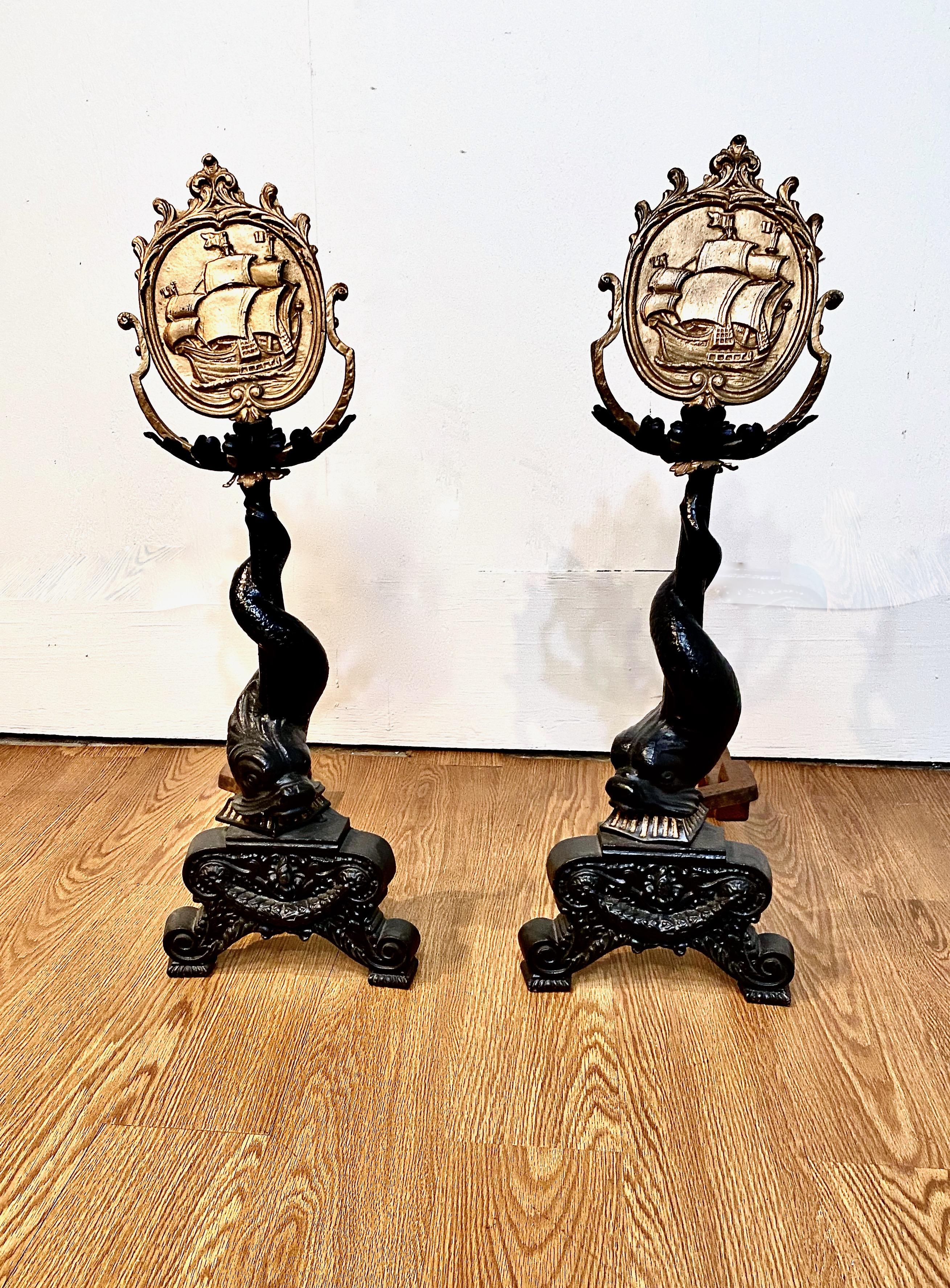 Pair Dolphin and Sailing Ship American Andirons For Sale 3