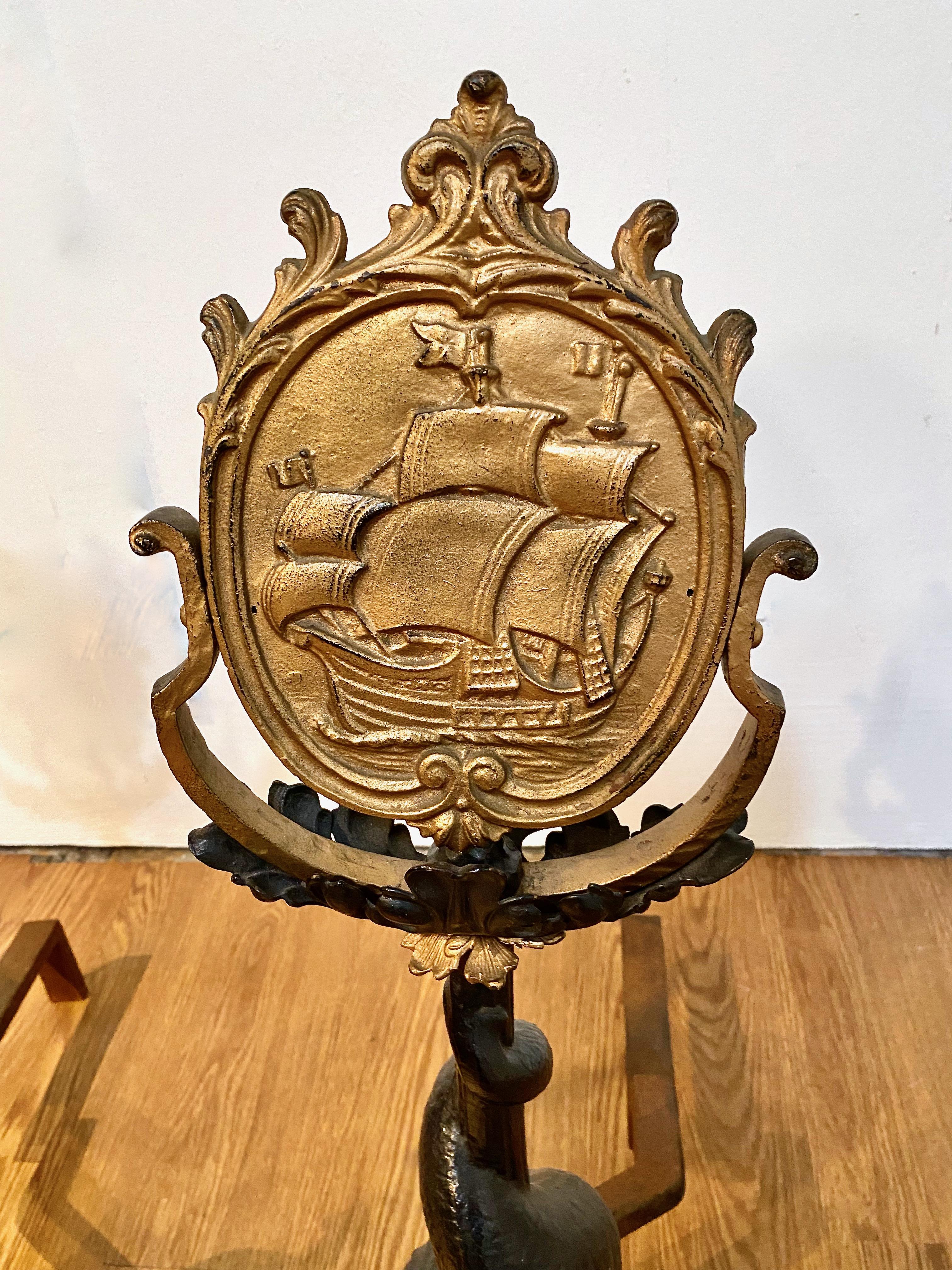 Victorian Pair Dolphin and Sailing Ship American Andirons For Sale
