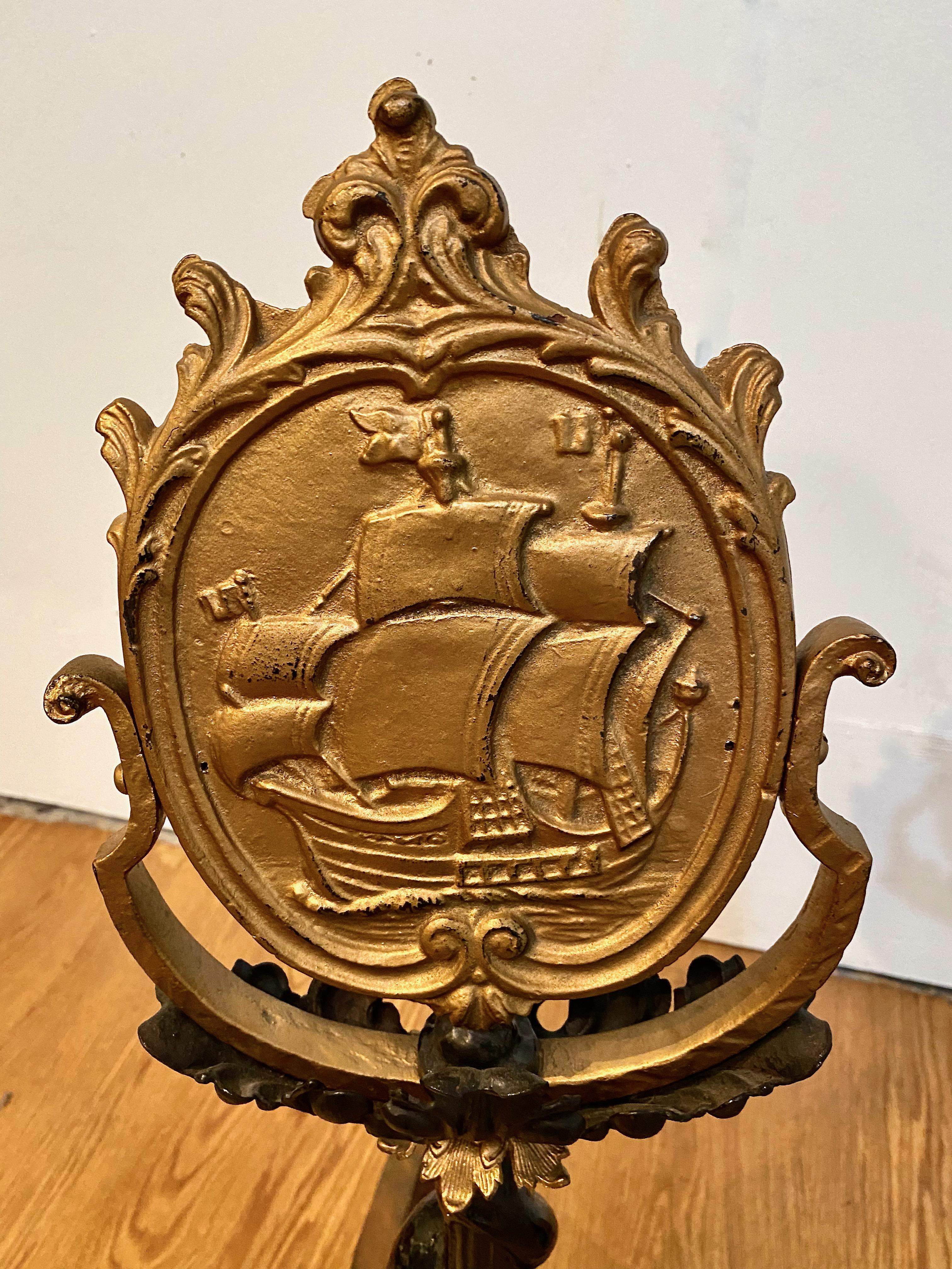 North American Pair Dolphin and Sailing Ship American Andirons For Sale