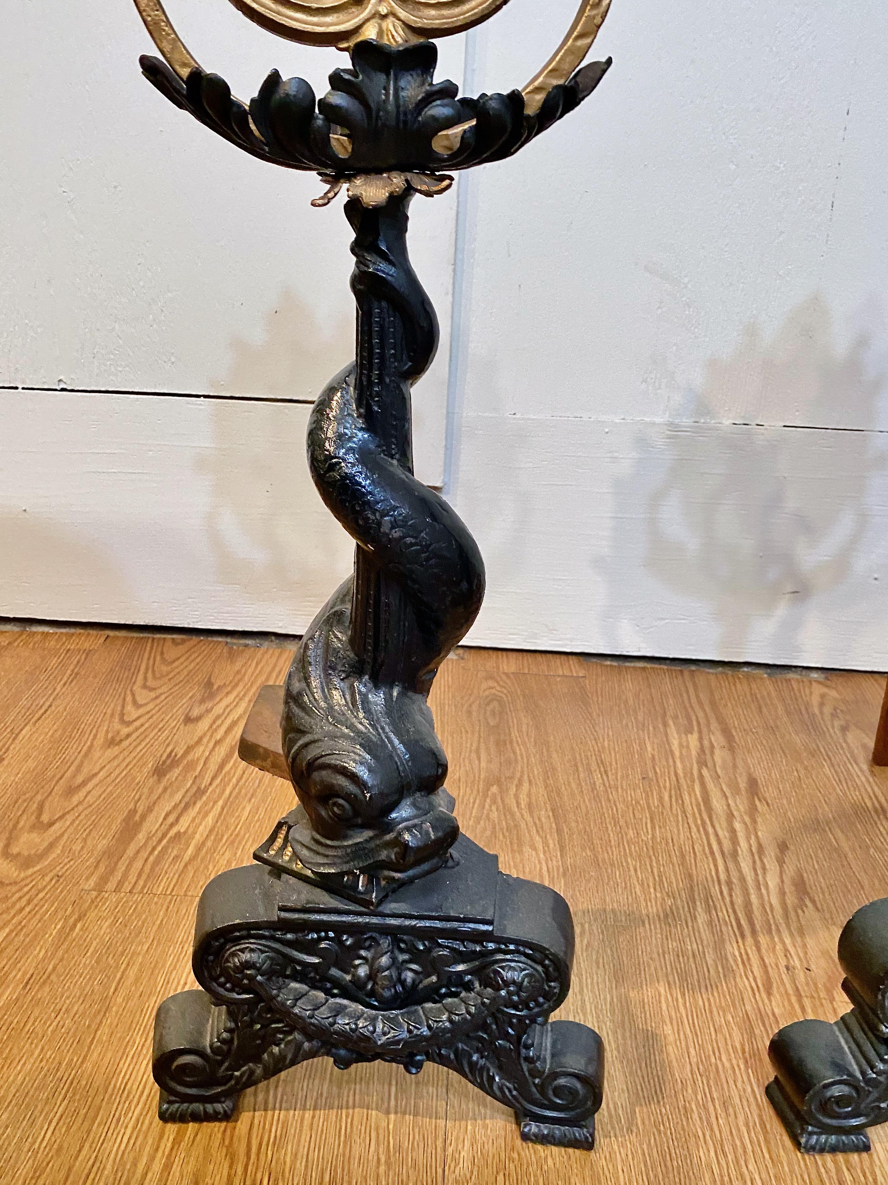 Cast Pair Dolphin and Sailing Ship American Andirons For Sale
