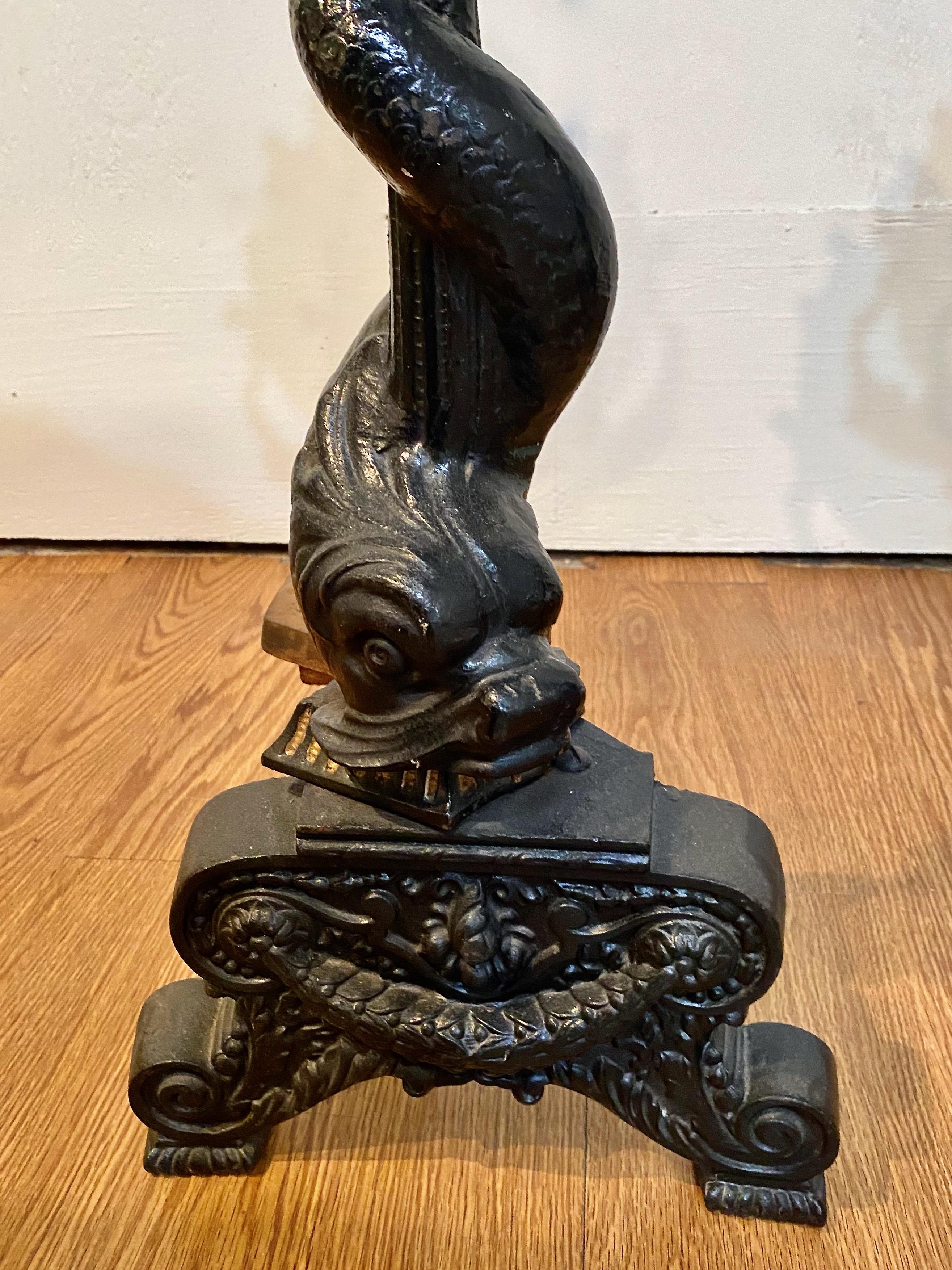 19th Century Pair Dolphin and Sailing Ship American Andirons For Sale