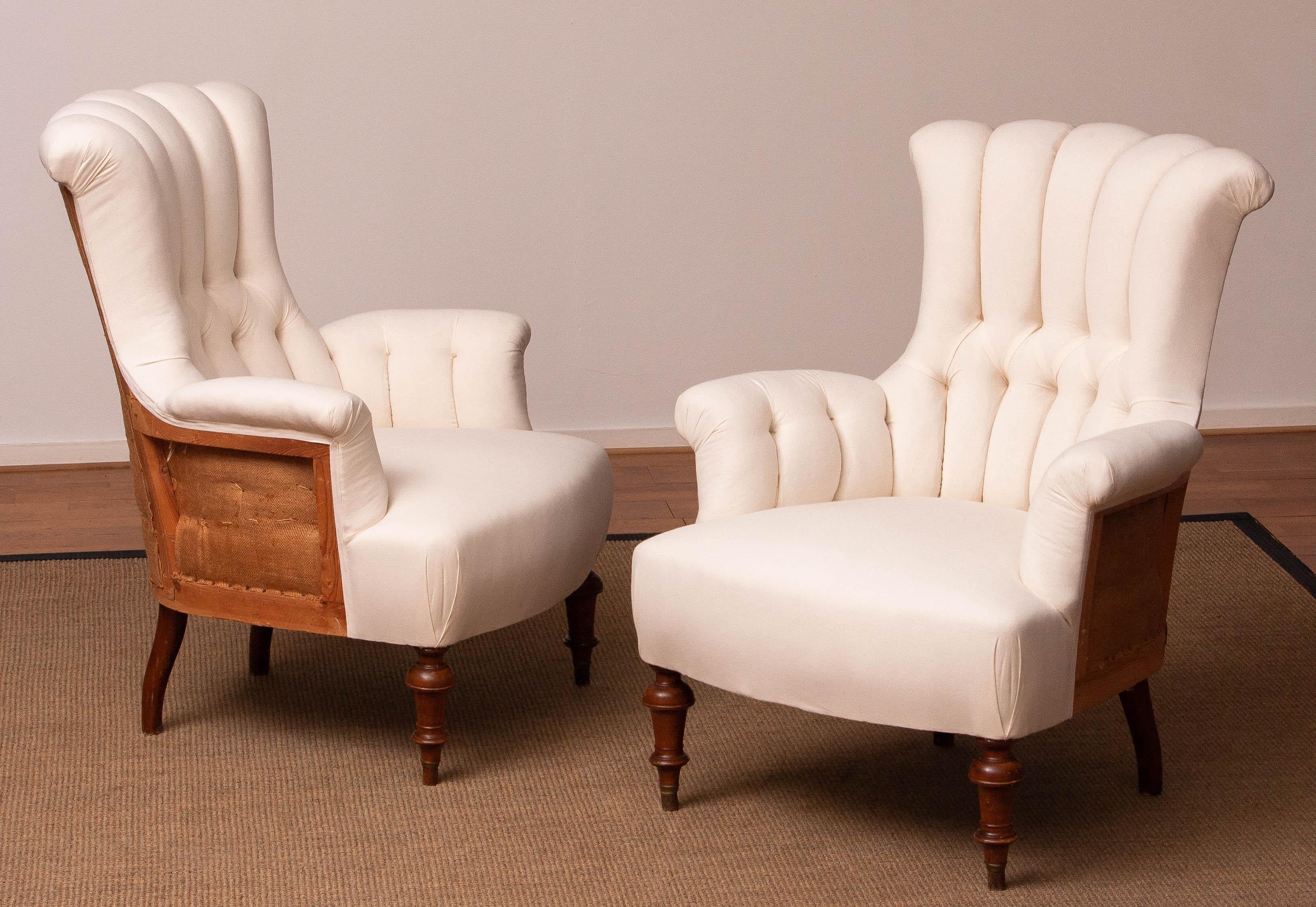 Pair Domestic Cotton Victorian 'Deconstructed' Tufted Scroll-back Chair, 1900 For Sale 9