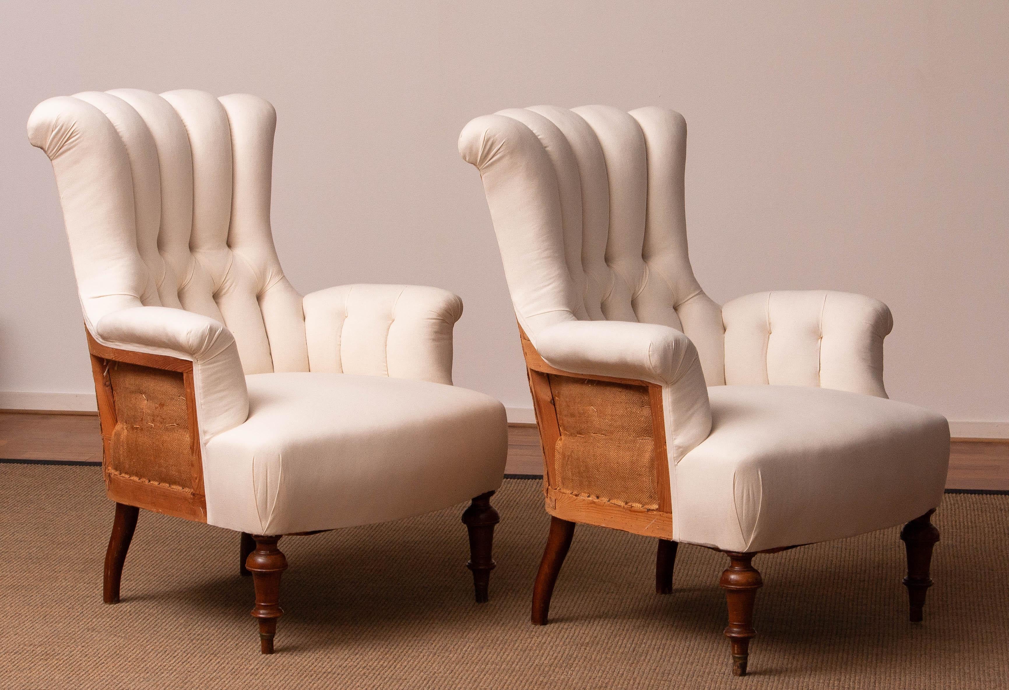 Swedish Pair Domestic Cotton Victorian 'Deconstructed' Tufted Scroll-back Chair, 1900 For Sale