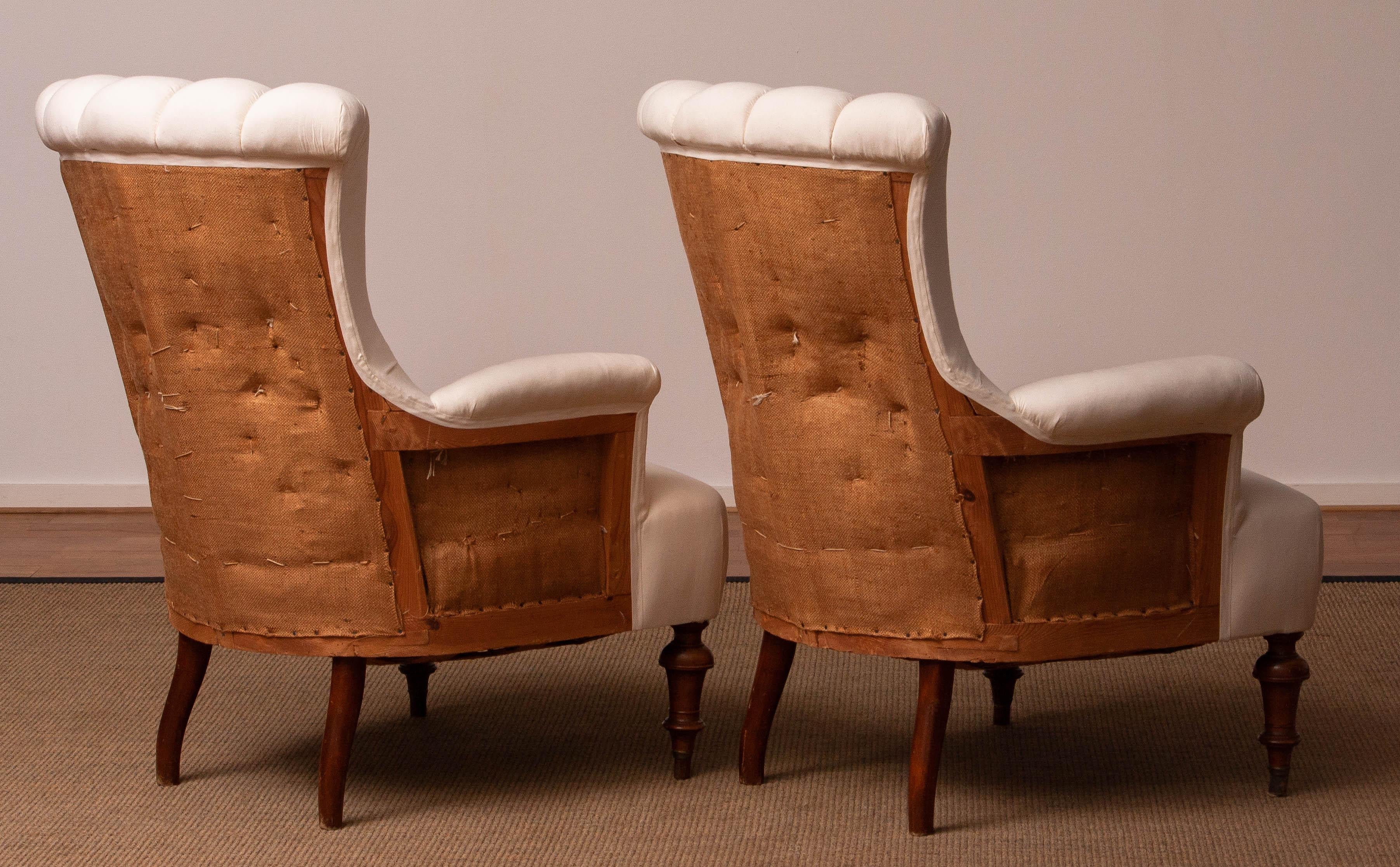 Pair Domestic Cotton Victorian 'Deconstructed' Tufted Scroll-back Chair, 1900 For Sale 1