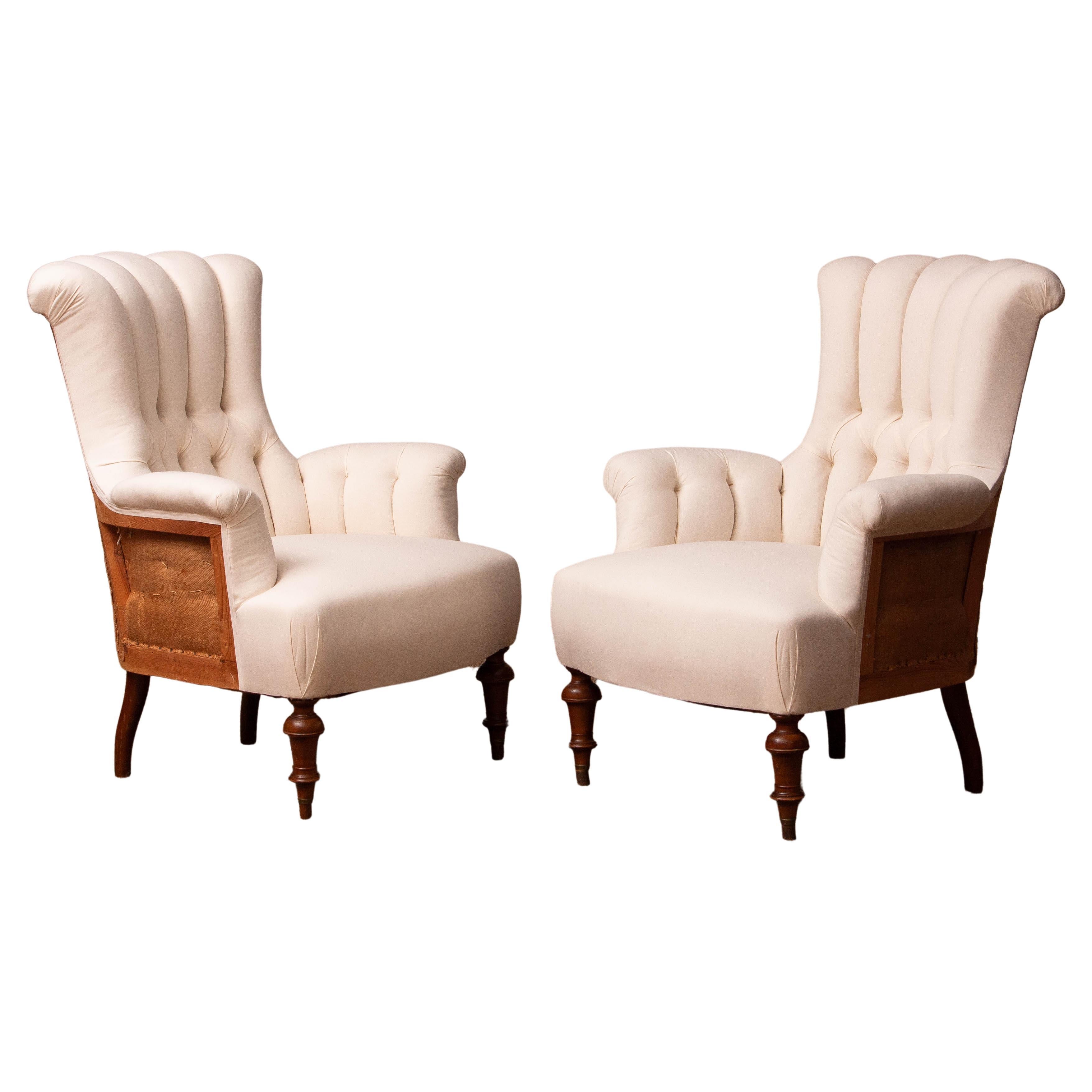 Pair Domestic Cotton Victorian 'Deconstructed' Tufted Scroll-back Chair, 1900 For Sale