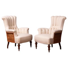 Pair Domestic Cotton Victorian 'Deconstructed' Tufted Scroll-back Chair, 1900