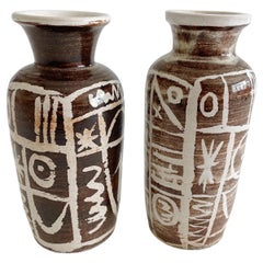 Pair Don Brown Studio Brown and White Pottery Vases Circa 1954